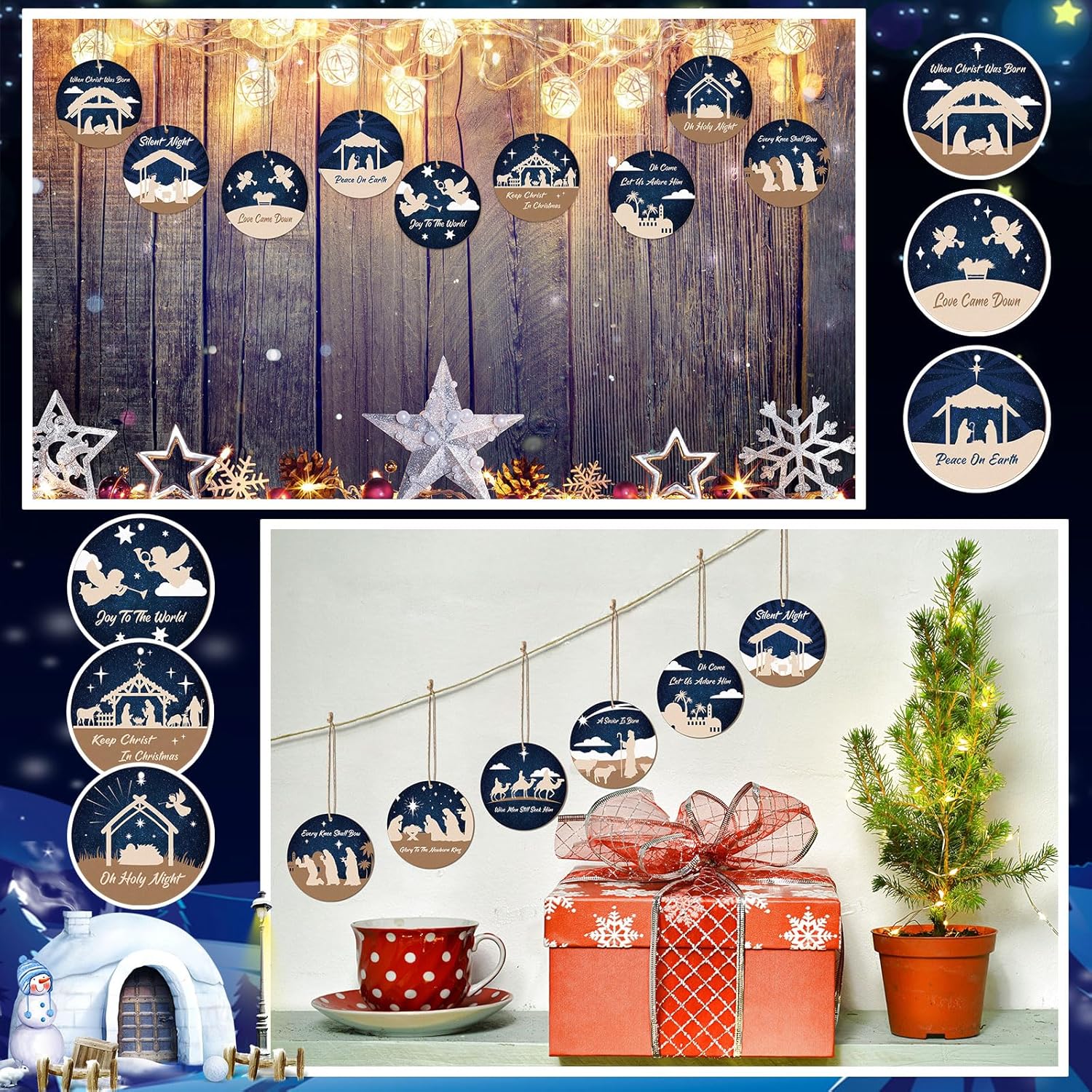 Soaoo 36 adornos de pesebre a granel para árbol de Navidad, adornos de madera para belén, adornos redondos a granel, decoraciones colgantes para