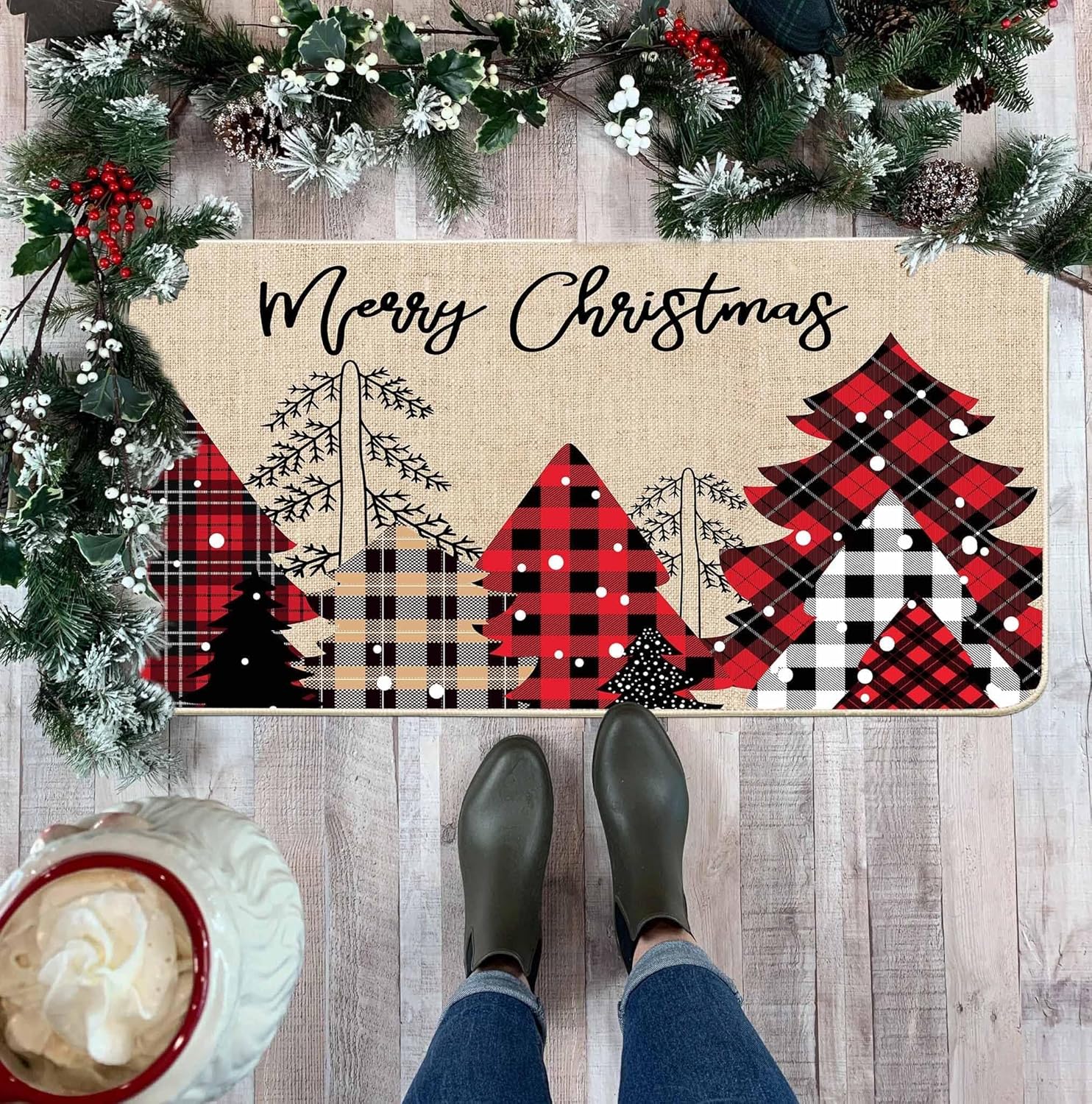 Baccessor Felpudo de Navidad con diseño de árboles de Navidad, a cuadros, decorativo para interiores y exteriores, tapete de puerta de bienvenida de