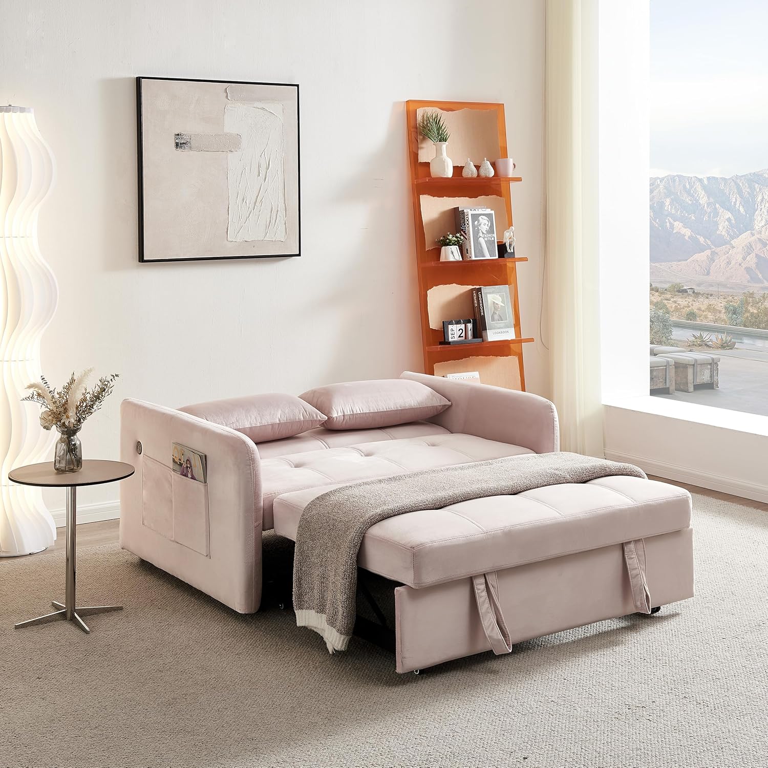Sofá cama convertible de terciopelo moderno con respaldo ajustable de 55 pulgadas, sofá cama pequeño con dos almohadas y bolsillos laterales para