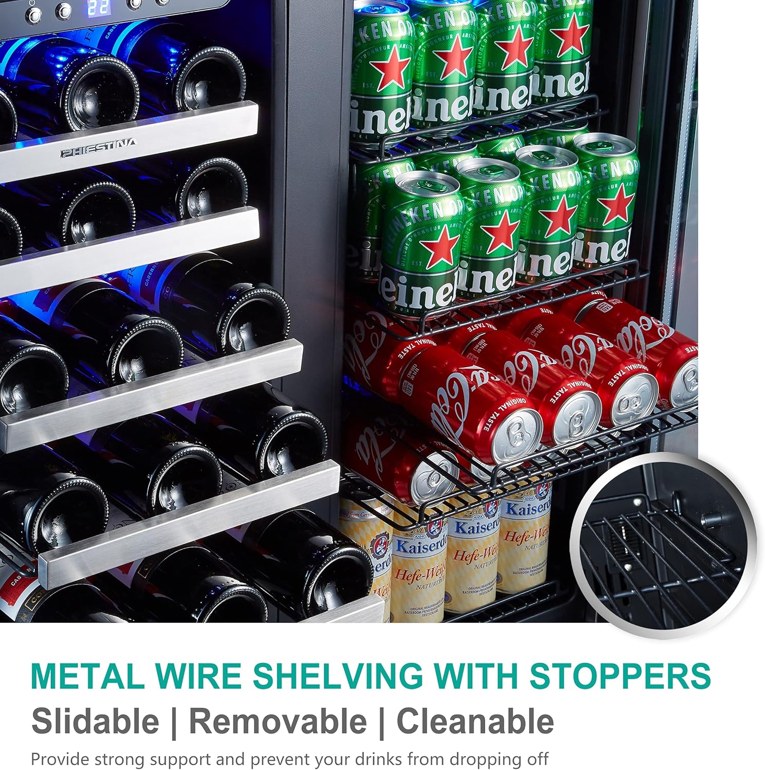 Phiestina Refrigerador de vino y bebidas, enfriador de vino de 30 pulgadas, refrigerador grande integrado o independiente, 33 botellas y 100 latas,