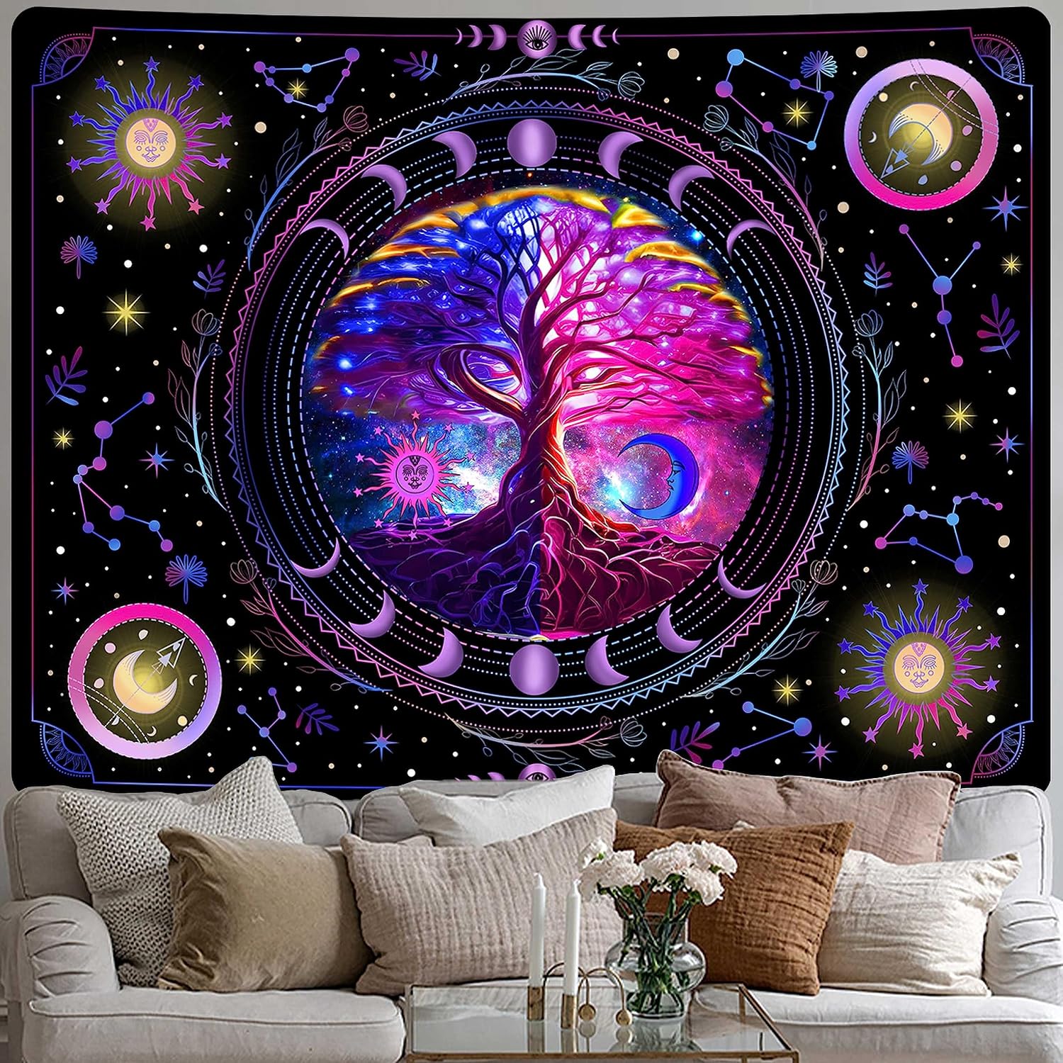 MAMHSABC Tapiz de árbol de la vida, tapiz hippy de sol y luna, tapiz de flores y vides, tapiz hippie para colgar en la pared, dormitorio, decoración