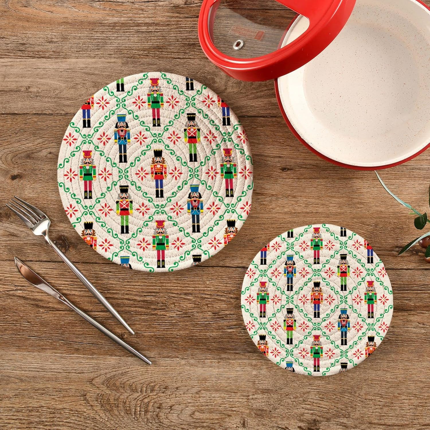 Juego de 2 soportes para ollas de cocina de soldado de Navidad, juego de salvamanteles de Navidad, 100% algodón, tejido de hilo redondo,