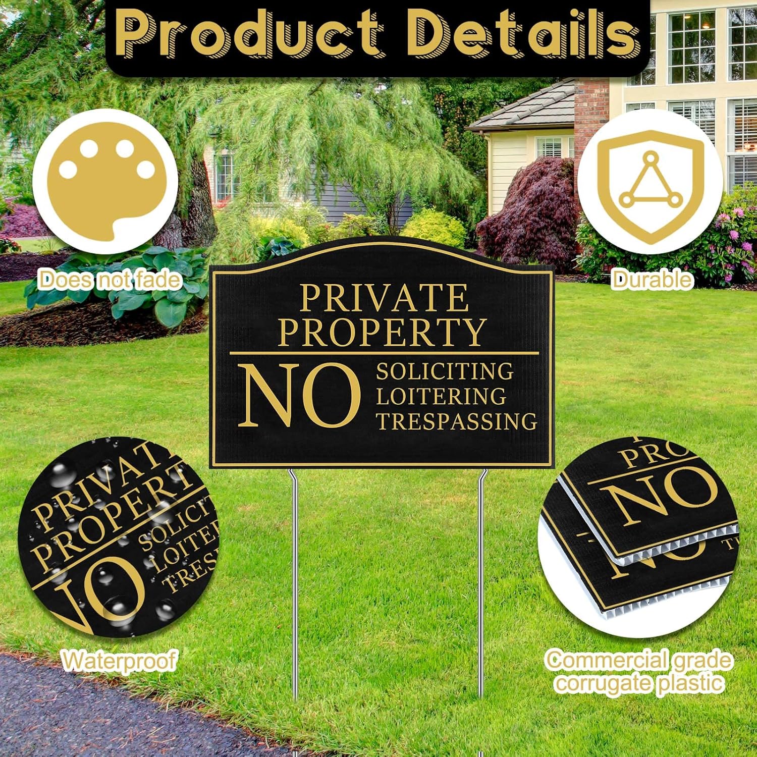 Paquete de 4 letreros de “No Trespassing Propiedad Privada” de 12 x 8 pulgadas, letrero de no solicitar, con estacas de no merodeo, letrero para