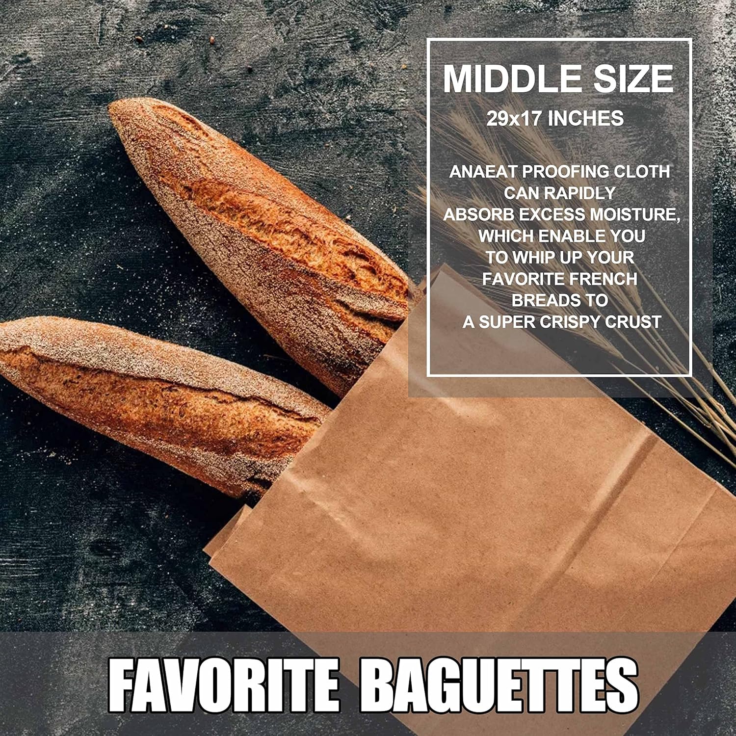 Anaeat Sartén antiadherente para pan de baguette francesa con tela gruesa profesional a prueba de masa, bandeja larga para hornear pan de masa madre