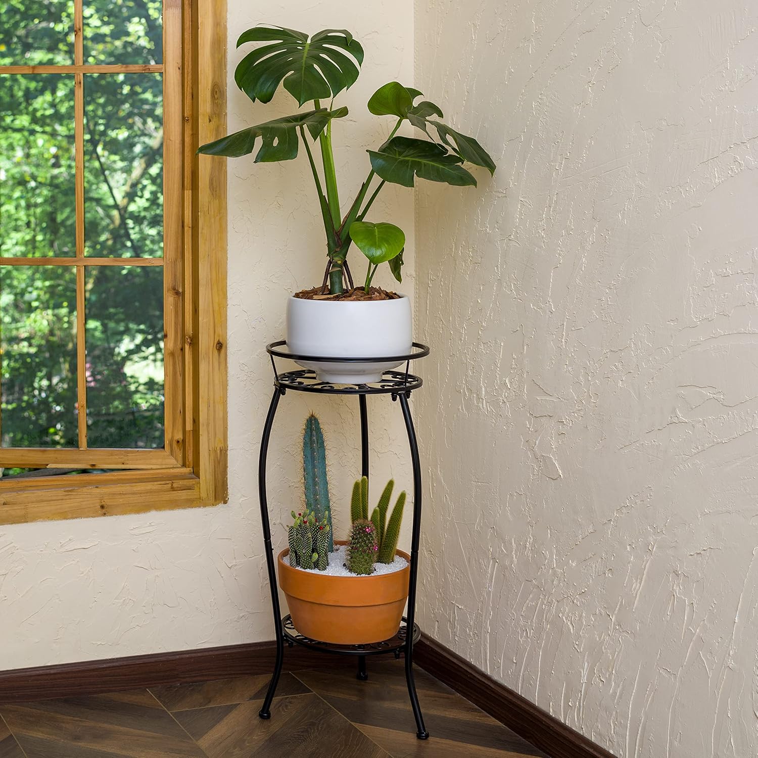 FaithLand Paquete de 2 soportes de metal para plantas, soporte alto para macetas interiores y exteriores, estante redondo de 2 niveles para maceta,