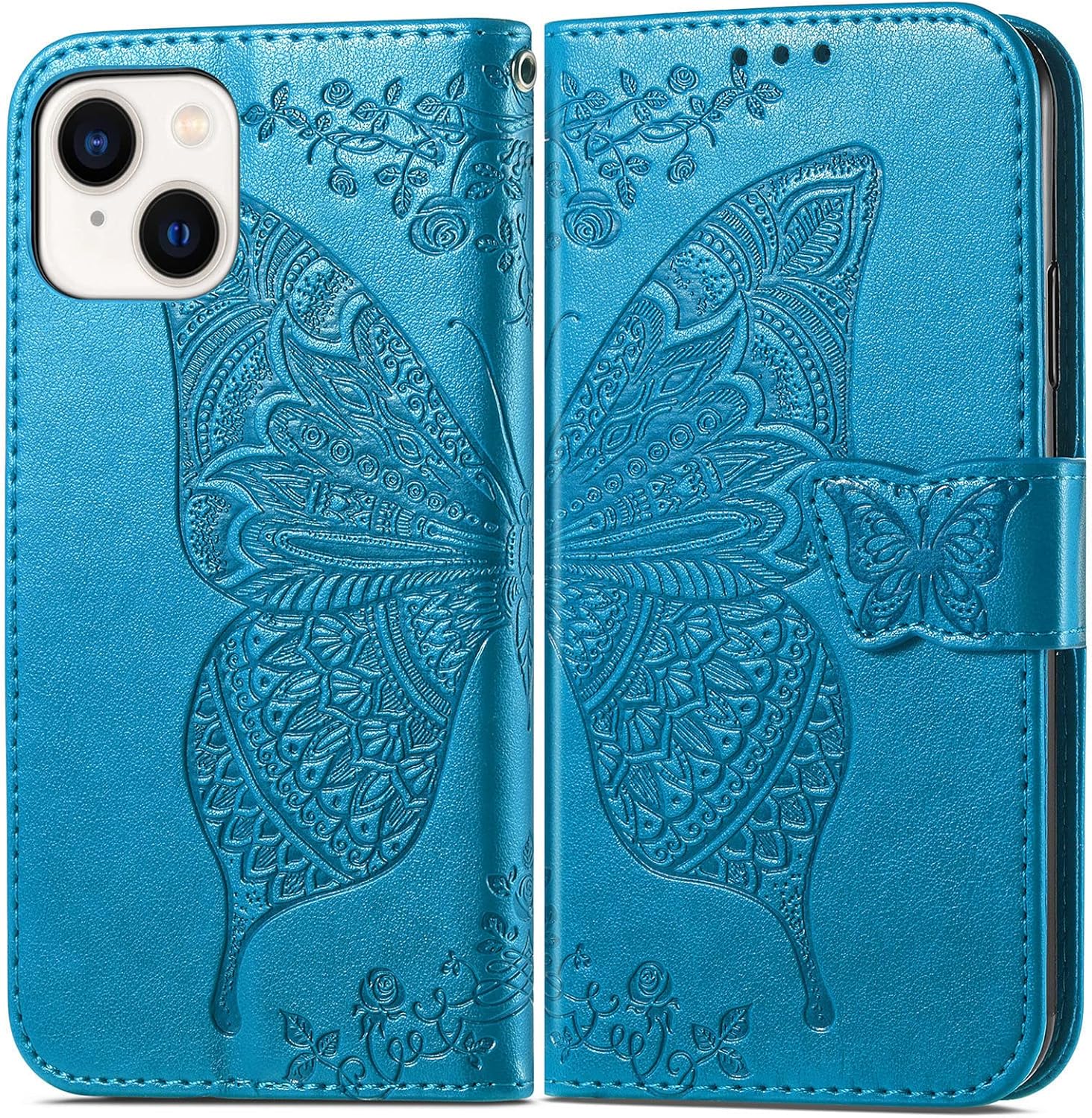 Funda tipo cartera para iPhone 15, funda protectora de piel sintética con tapa para teléfono, correa para la muñeca, tarjetero de crédito, bolsillo