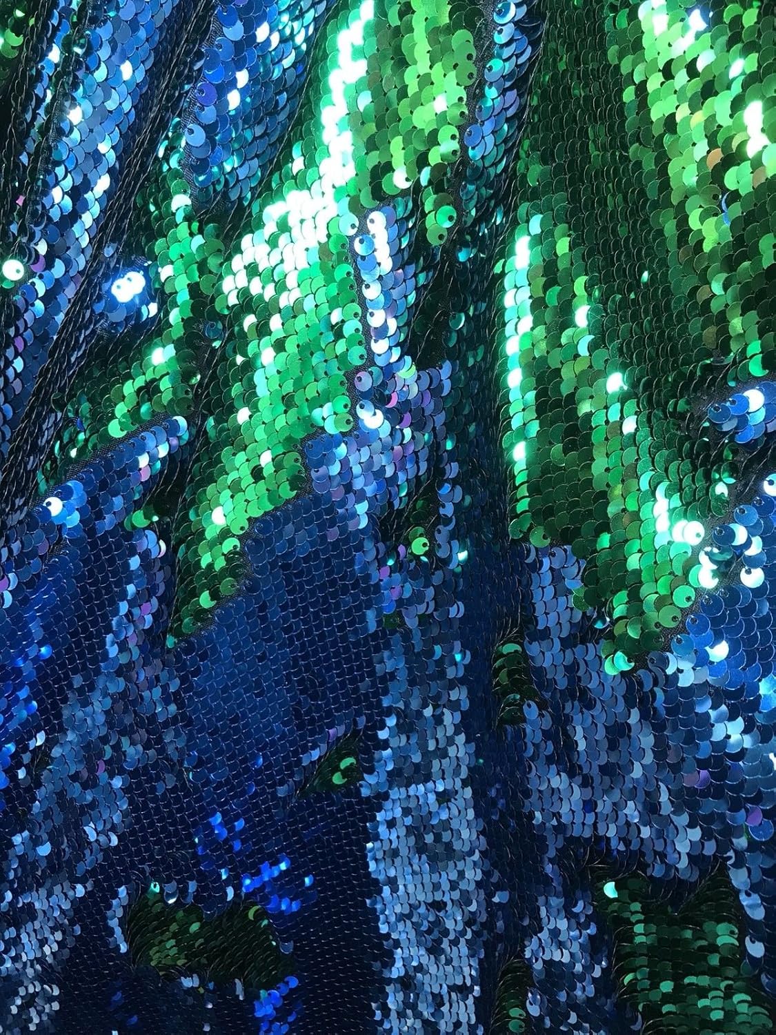 Escamas de pescado de sirena verdeturquesa, estiramiento de 2 vías, lentejuelas de 2 tonos, se venden por yarda
