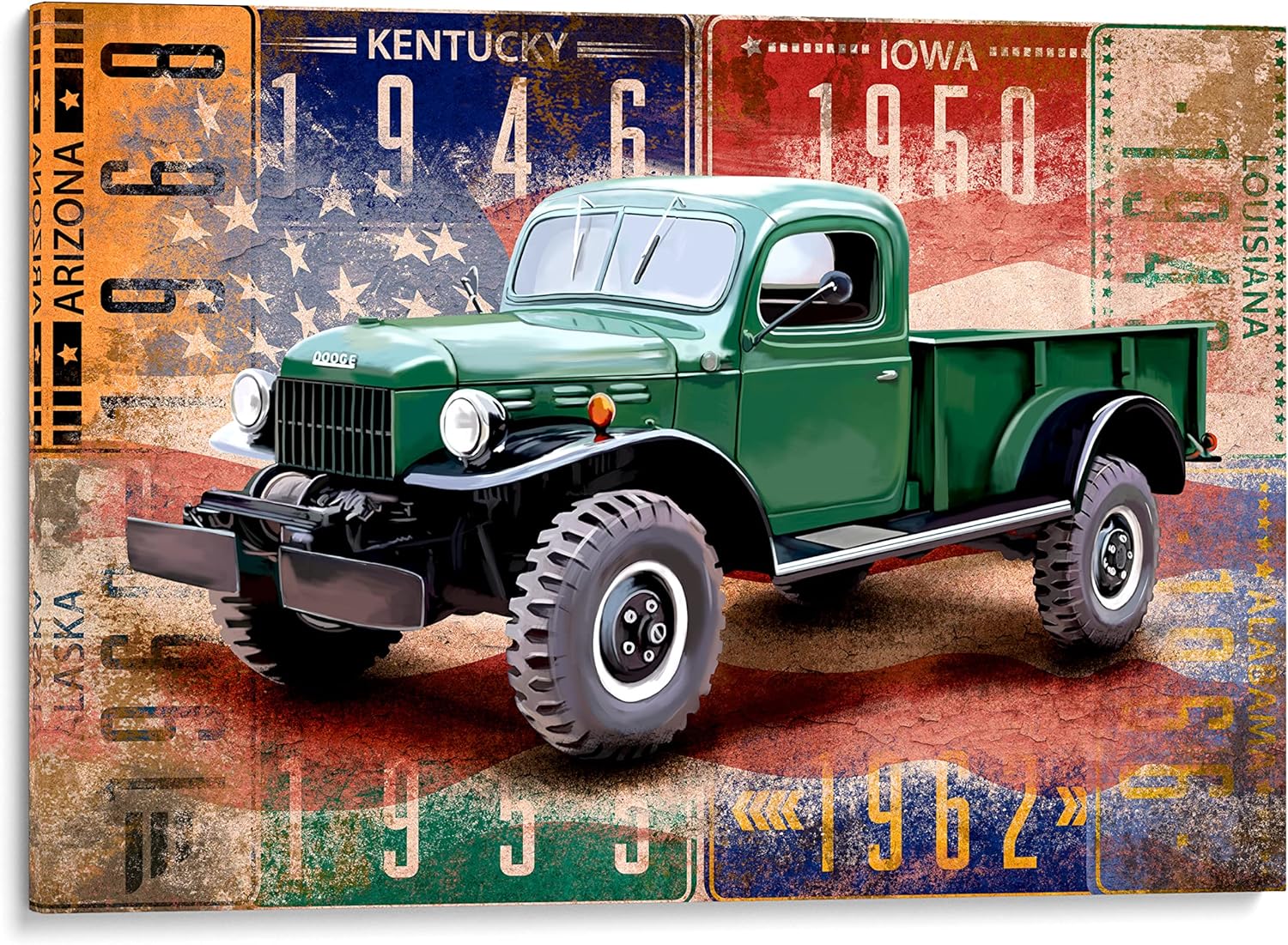 INTALENCE ART Decoración artística de pared de camión verde Dodge clásico retro, impresión vintage de camioneta americana antigua sobre lienzo,