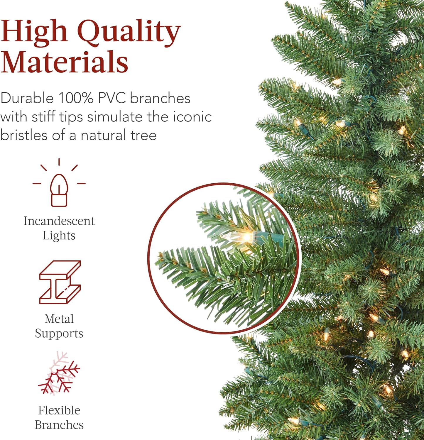 Best Choice Products Árbol de Navidad preiluminado de 7.5 pies, decoración navideña delgada de abeto delgado con 1,075 puntas, 350 luces, bisagras