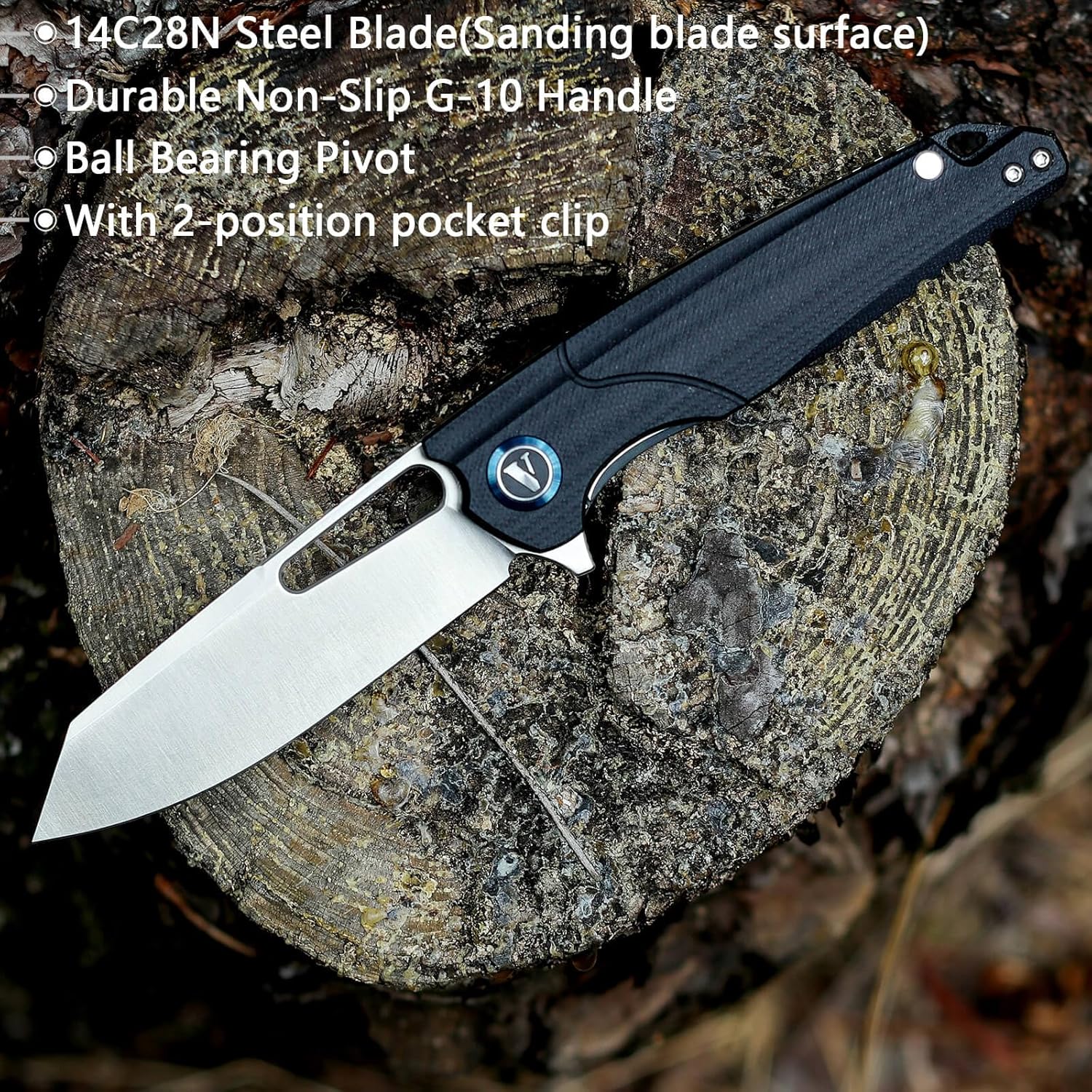 VNLA Navaja de bolsillo plegable con apertura de aleta, hoja Sandvik 14C28N, mango G10, con clip de bolsillo profundo, para hombres y mujeres,