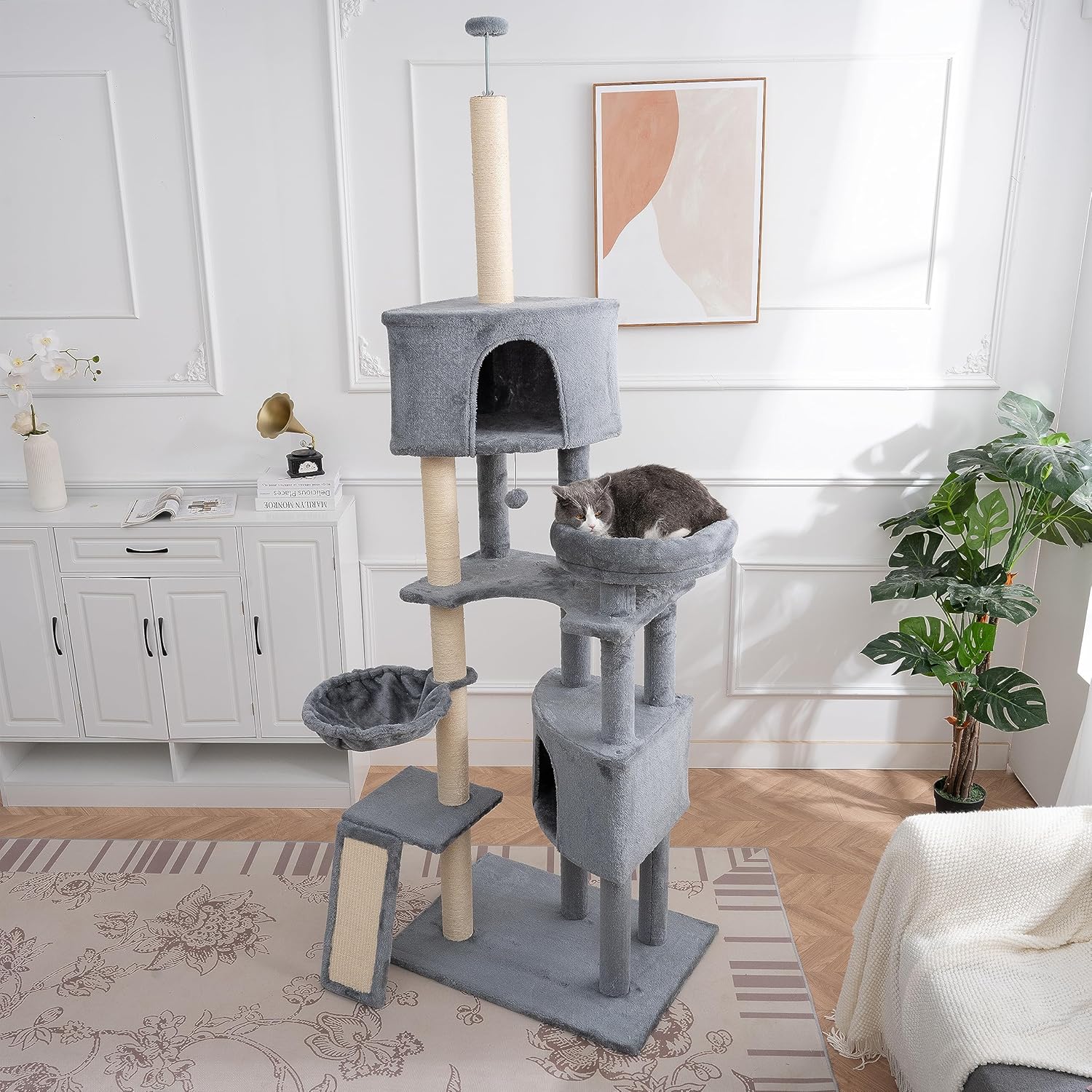 JINTANGLI PET Árbol moderno para gatos, torre grande de varios niveles para gatos con condominio y cesta colgante, árbol alto para gatos con postes