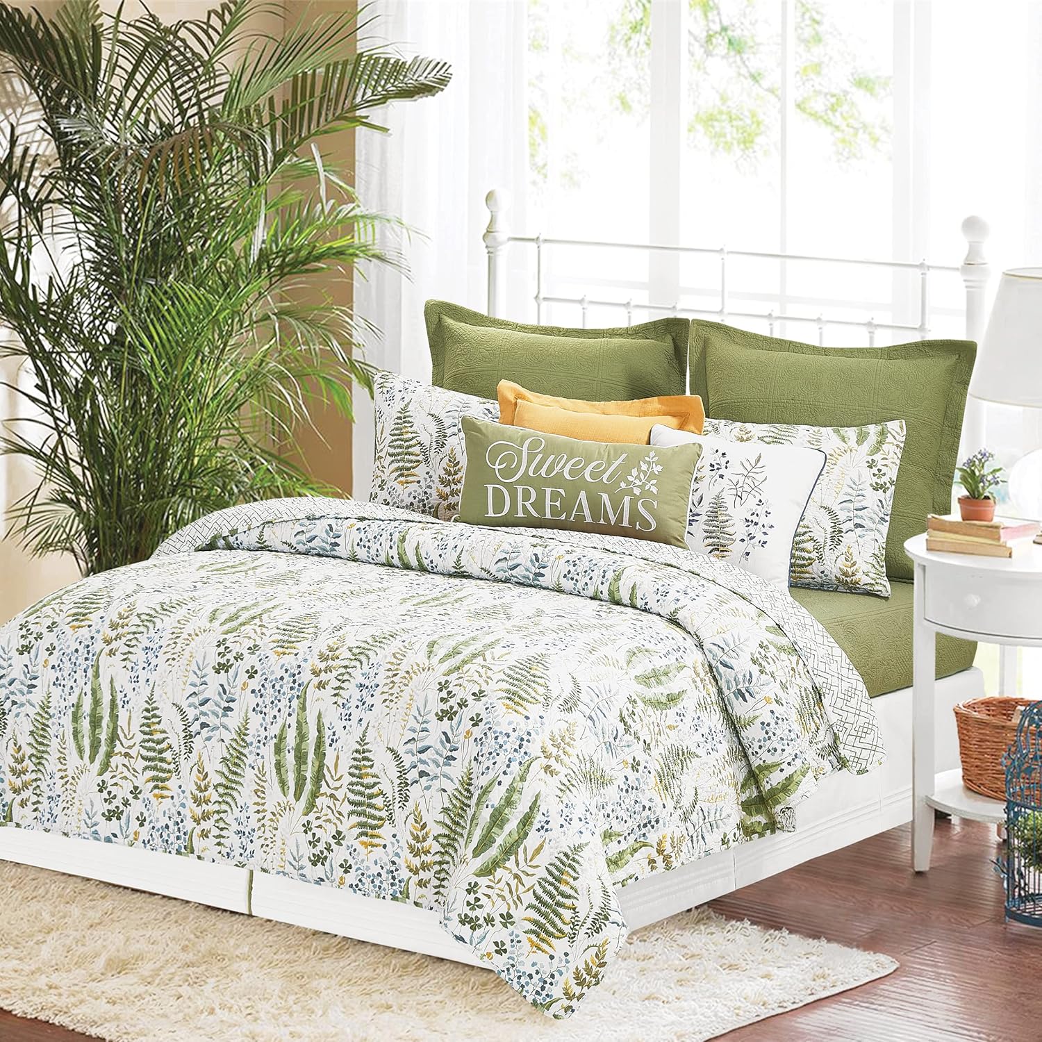 C&F Home Cecil – Juego de edredón reversible de 2 piezas tamaño individual con 1 funda de almohada estándar, color blanco y verde, acuarela