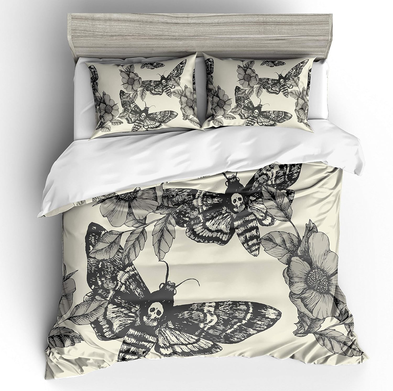 Juego de ropa de cama con estampado digital 3D Cráneo de la muerte y flor crema 100% microfibra cepillada Juego de funda de edredón de 3 piezas,