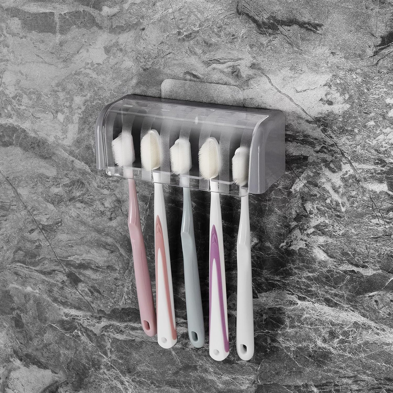 Soporte de pared para cepillos de dientes con 5 ranuras con tapa, organizador de almacenamiento de cepillos de dientes autoadhesivo para ducha,