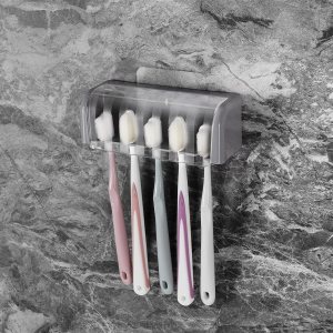 Soporte de pared para cepillos de dientes con 5 ranuras con tapa, organizador de almacenamiento de cepillos de dientes autoadhesivo para ducha, Soporte de pared para cepillos de dientes con 5 ranuras con tapa, organizador de almacenamiento de cepillos de dientes autoadhesivo para ducha,