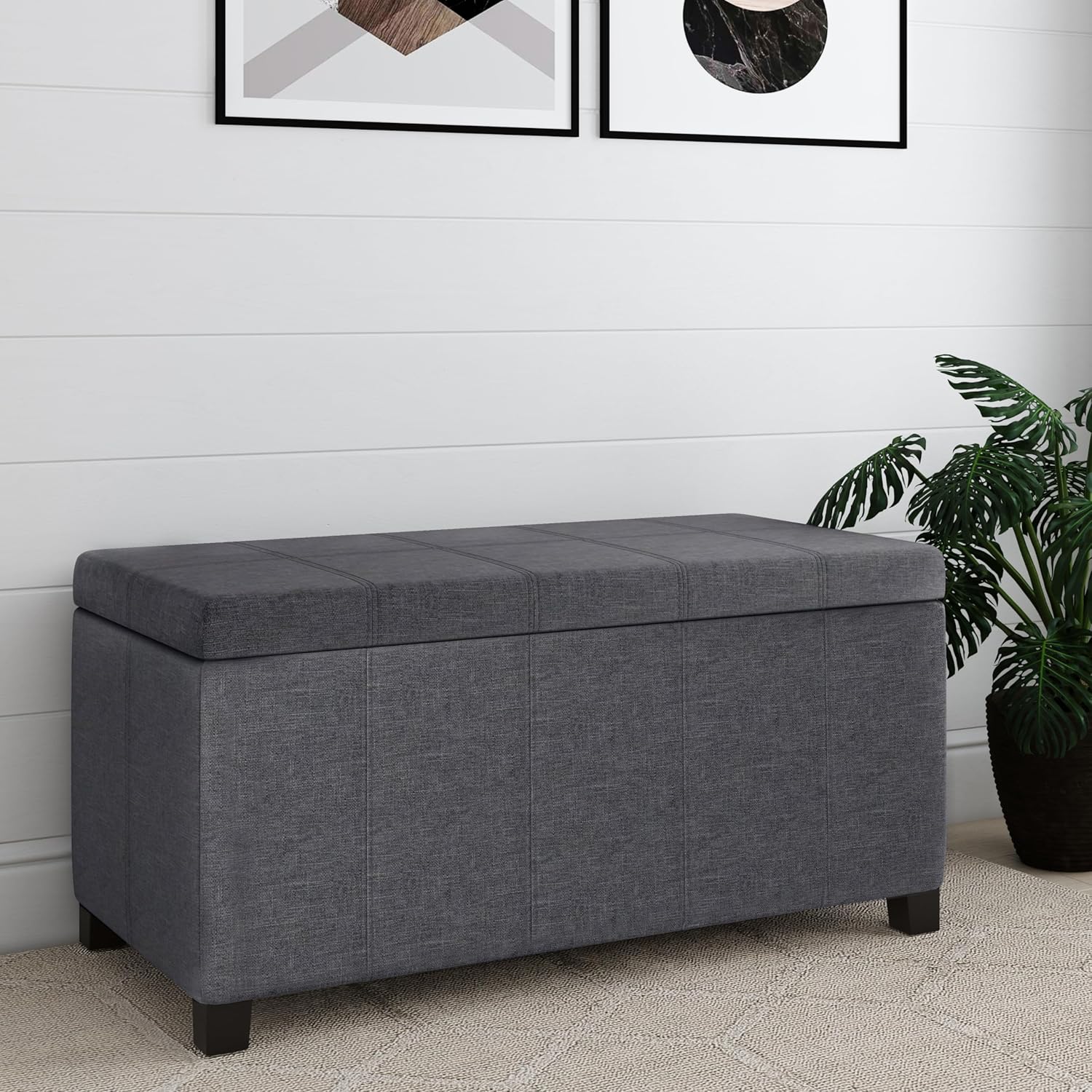 SIMPLIHOME Dover – Banco otomano rectangular de 36 pulgadas de ancho con parte superior elevadora en tela de aspecto de lino gris pizarra, taburete