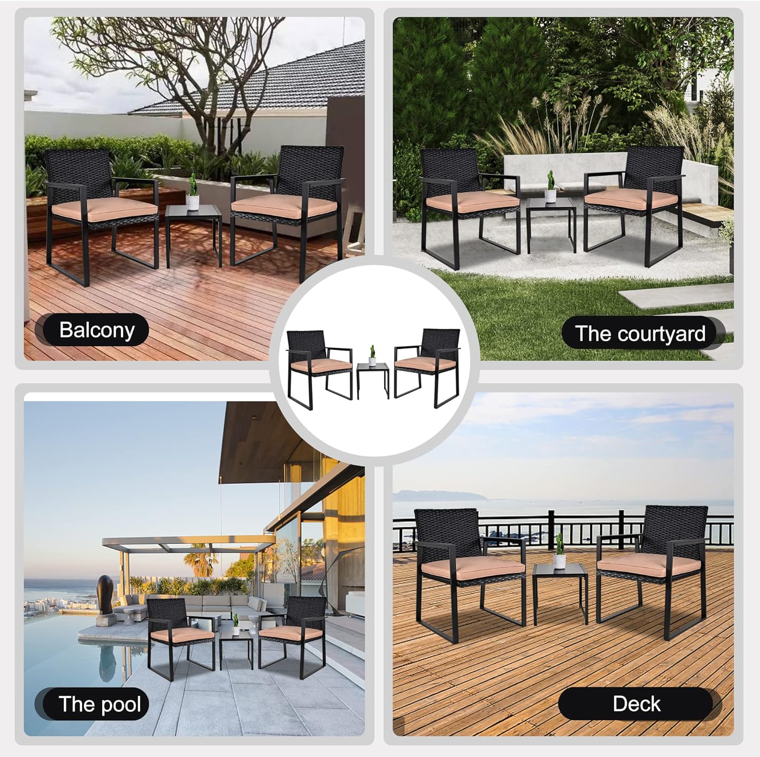 SUNLEI – Juego de muebles de mimbre para exteriores, 3 piezas, dos sillas y mesa auxiliar con vidrio, para café, color negro