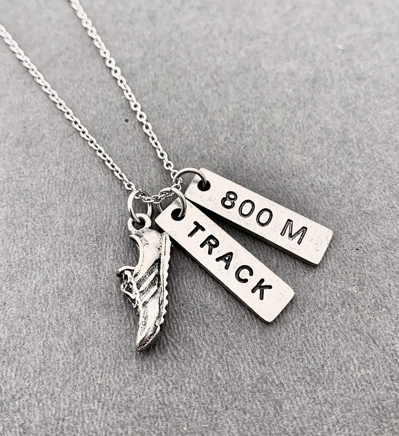 Pewter RUN TRACK 800M Necklace – Pewter Running Shoe Charm, Pewter TRACK Pendant and Pewter 800M Pendant on 18 inch Stainless Steel Cable Chain –