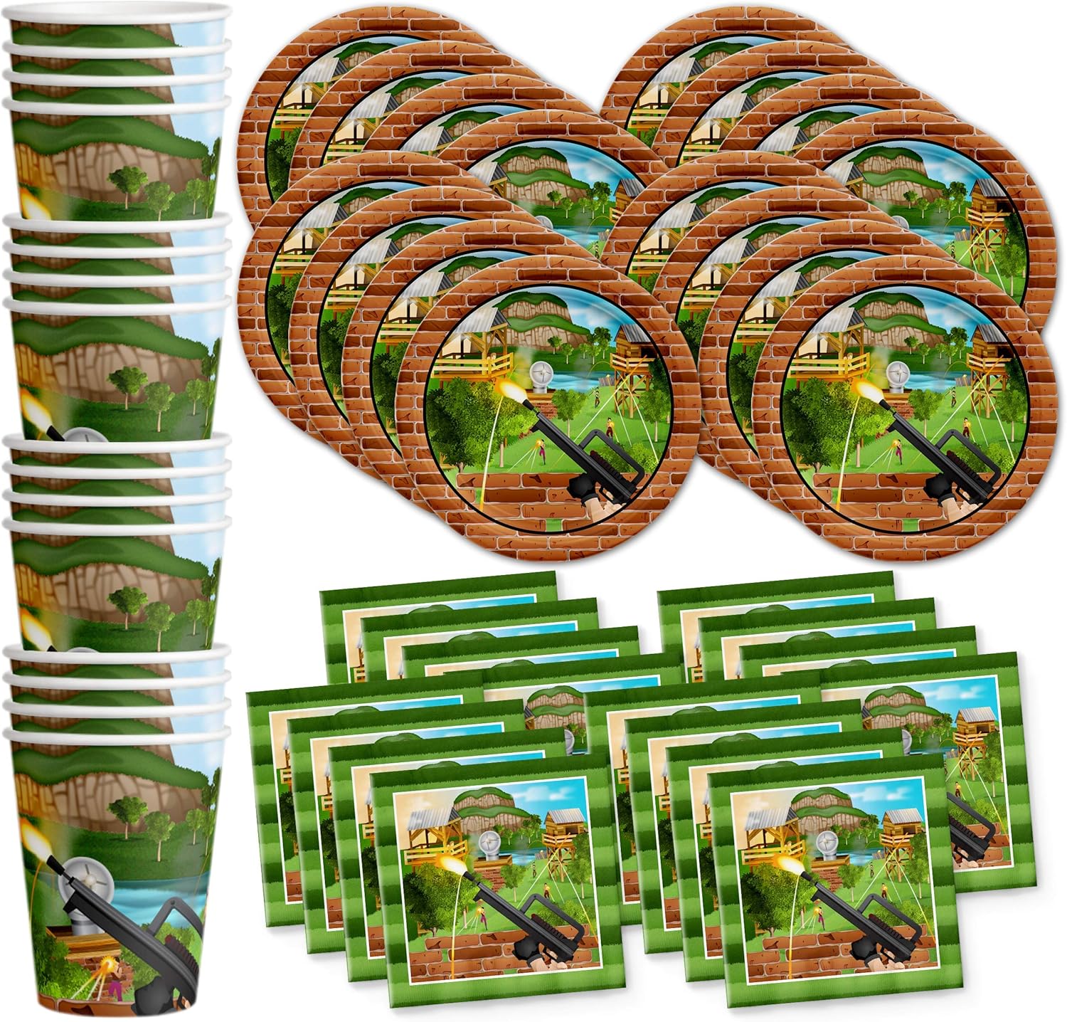 Fort Nite Party Supplies – Battle Gamer Birthday – Decoraciones de fiesta de videojuegos de quincena  Juego de vajilla desechable incluye platos,