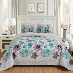 Home Collection Juego de 3 piezas de colcha tamaño King California King con estampado floral de flores marrones turquesa de 118 x 95 pulgadas Home Collection Juego de 3 piezas de colcha tamaño King California King con estampado floral de flores marrones turquesa de 118 x 95 pulgadas