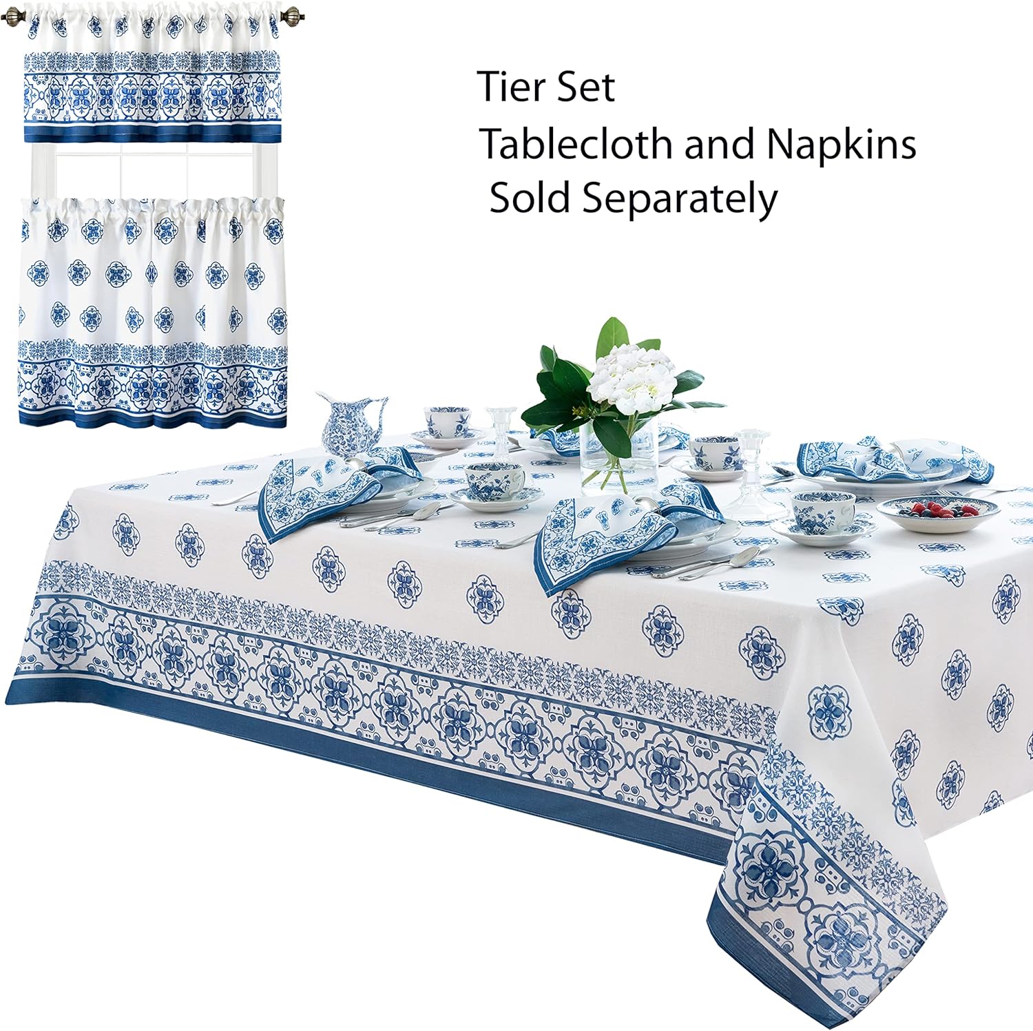 Newbridge Mykonos – Mantel de tela con borde de azulejos mediterráneos, estampado de medallón azul para interiorexterior, resistente a las manchas,
