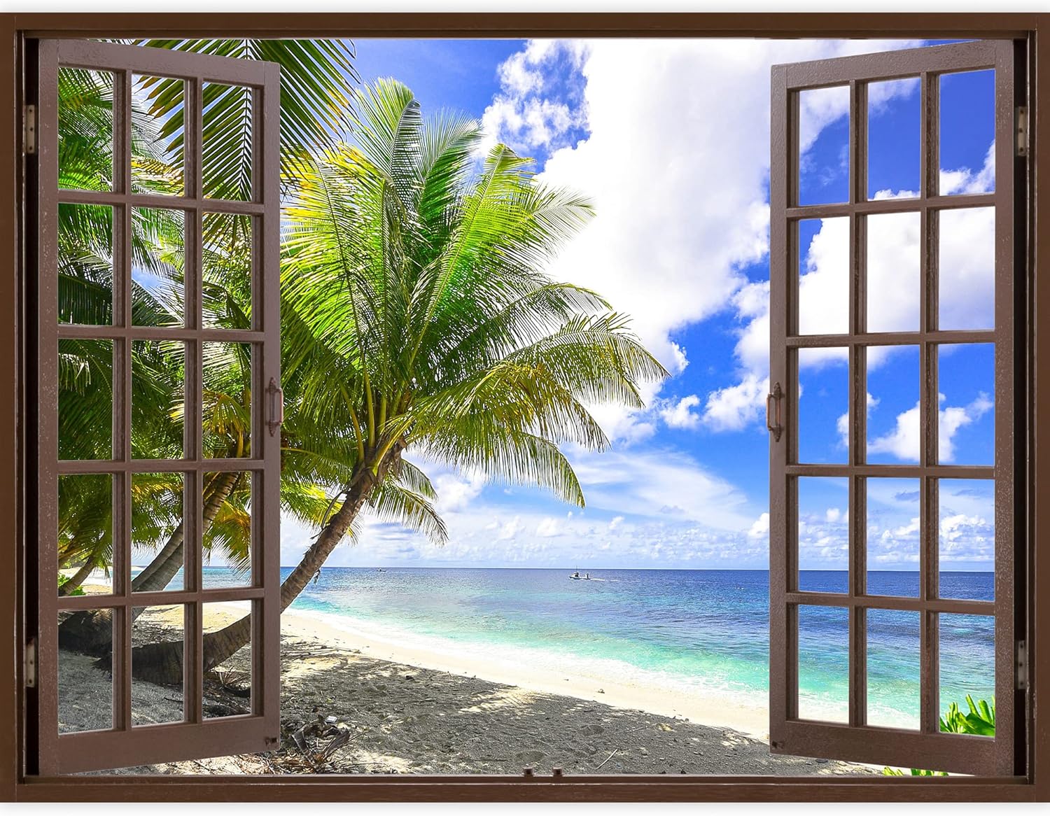 IDEA4WALL Murales de pared para dormitorio, ventana falsa de playa, ventana marrón, papel tapiz extraíble, calcomanías de pared para despegar y