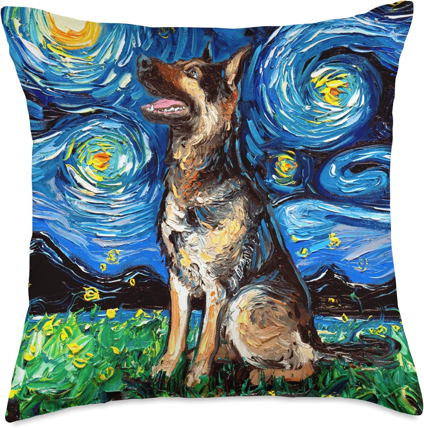 Sagittarius Gallery Happy German Shepherd Starry Night Dog Art by Aja Throw Pillow (18.0 x 18.0in), multicolor