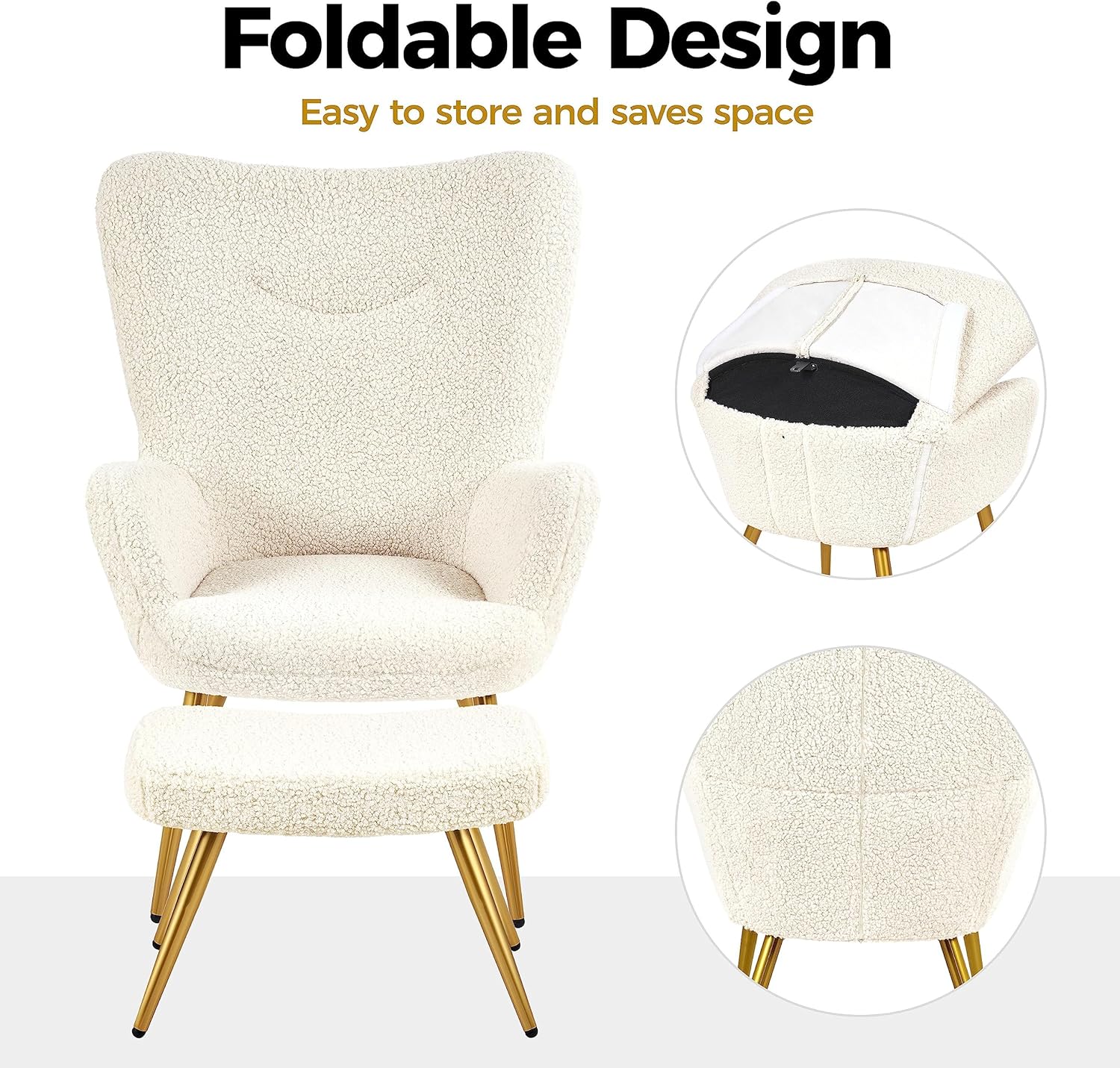 Yaheetech Juego de silla decorativa y otomana, sillón Sherpa con patas de metal dorado y respaldo alto, reposapiés para sala de estar, salón,