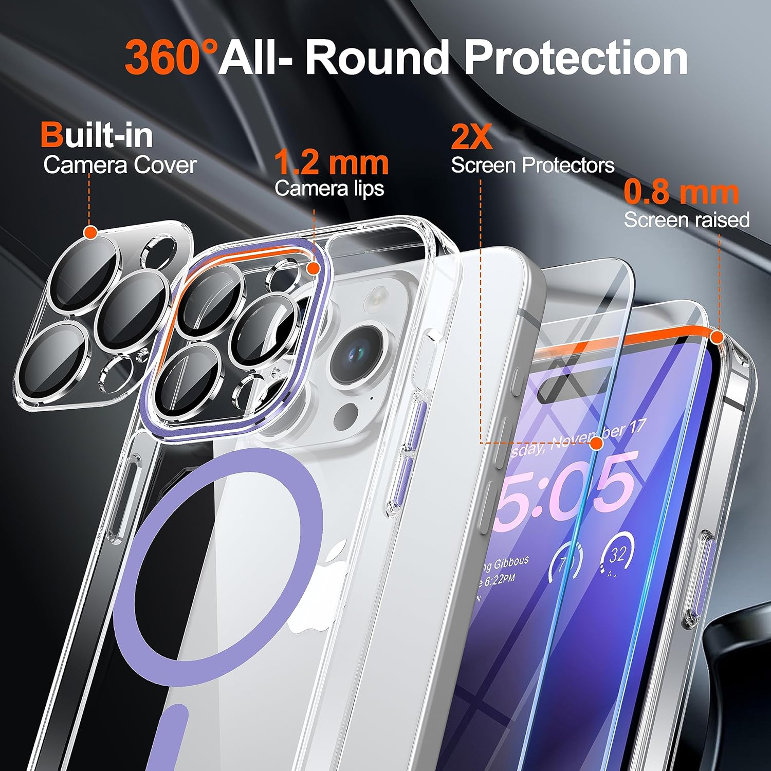 Funda transparente diseñada para iPhone 15 Pro, 2 protectores de pantalla, 30 x antiamarilleo, compatible con MagSafe, protector de cámara