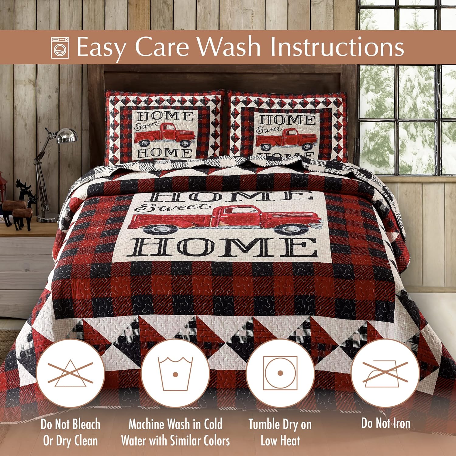 Virah Bella Juego de ropa de cama de 3 piezas tamaño King – Strain Red Truck Home Sweet Home – Edredón reversible de campamento rústico con fundas