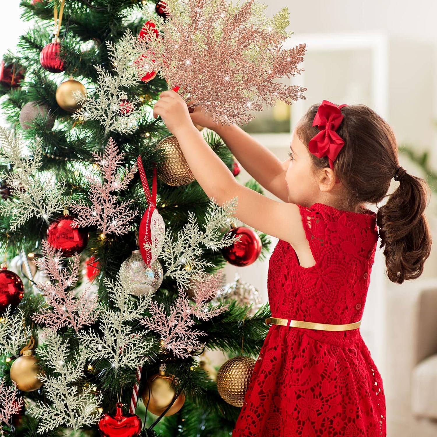 Waydress 72 agujas de pino artificiales de Navidad, ramas con purpurina, hojas pequeñas, ramas de pino de Navidad, flores falsas, para arreglos