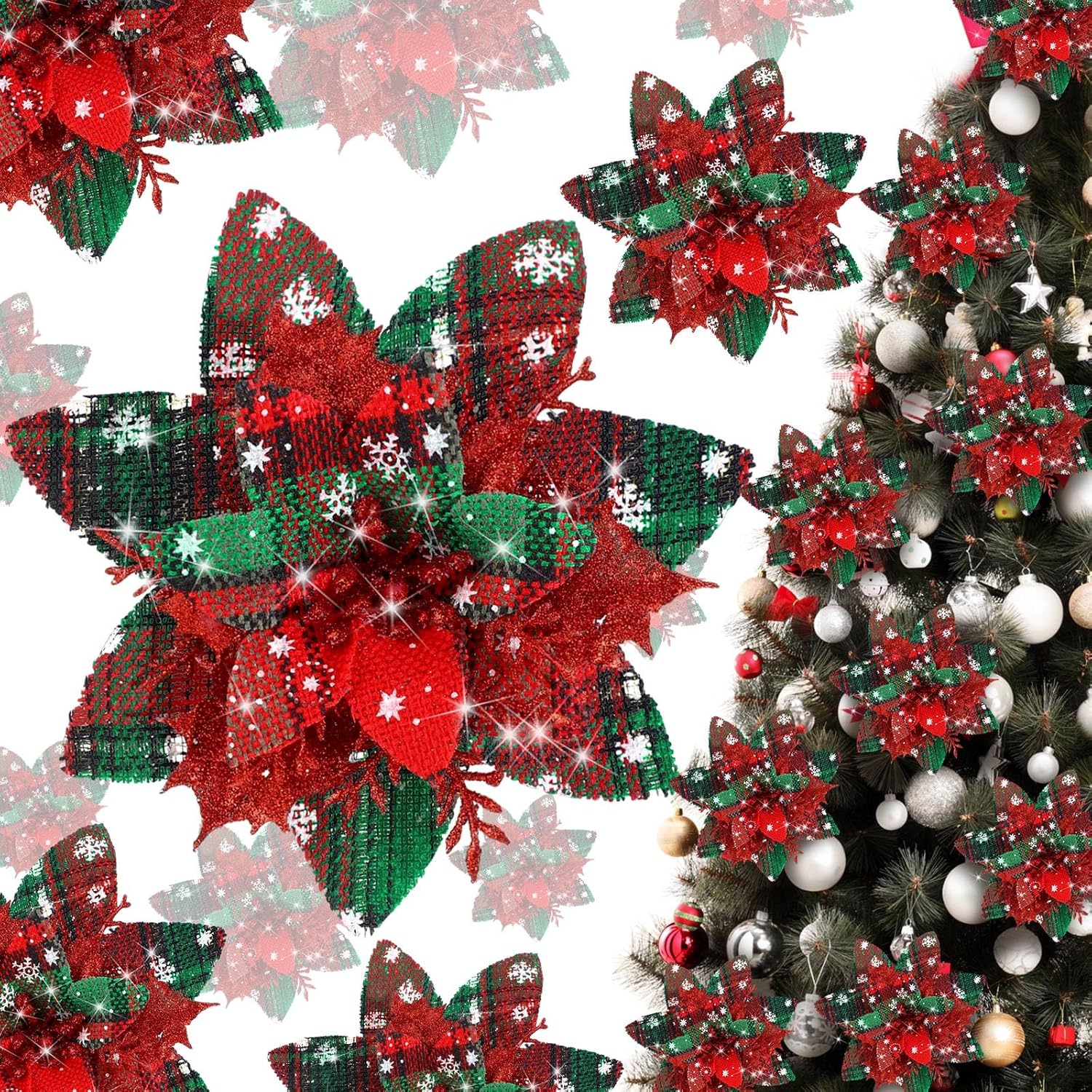 Adornos de flores de Pascua artificiales de Navidad con purpurina y clips y tallos, adornos para árbol de Navidad de Pascua con purpurina para bodas