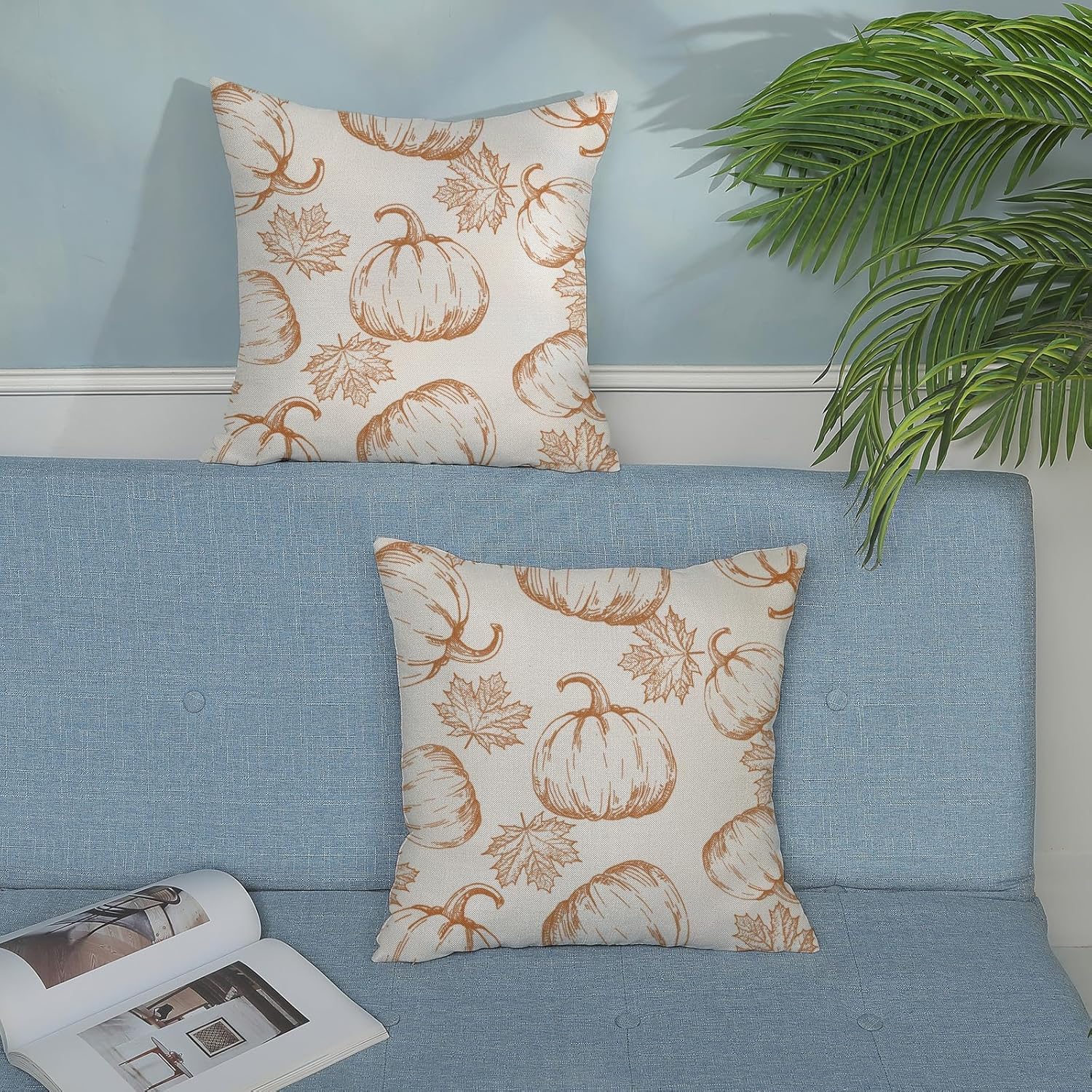 Fundas de almohada decorativas de otoño de 20 x 20 pulgadas, juego de 2 fundas de almohada de otoño naranja calabaza hojas de arce para exteriores,