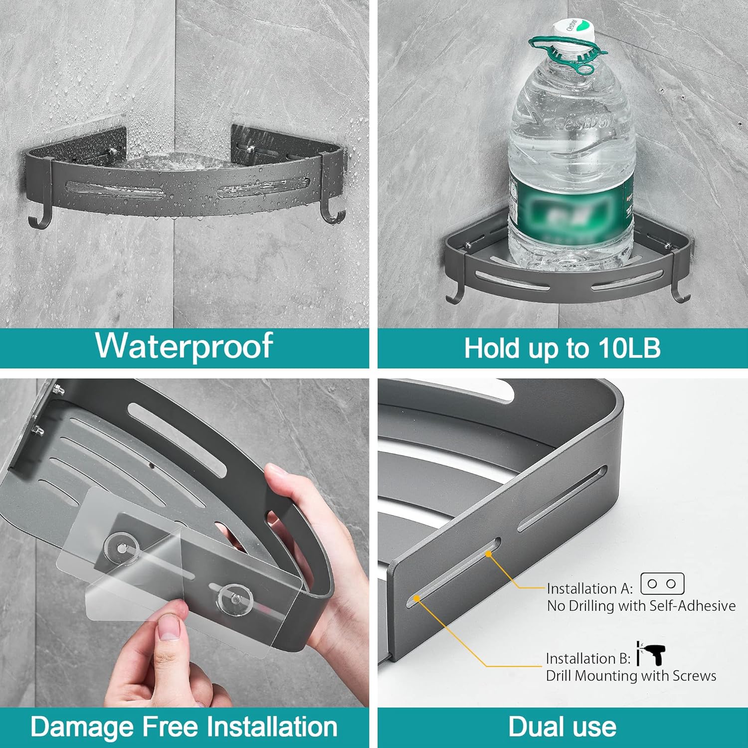 Hoomtaook Estante esquinero de ducha de 2 niveles, estantes de esquina de baño, estantes de esquina de baño, estantes de ducha adhesivos, estante de