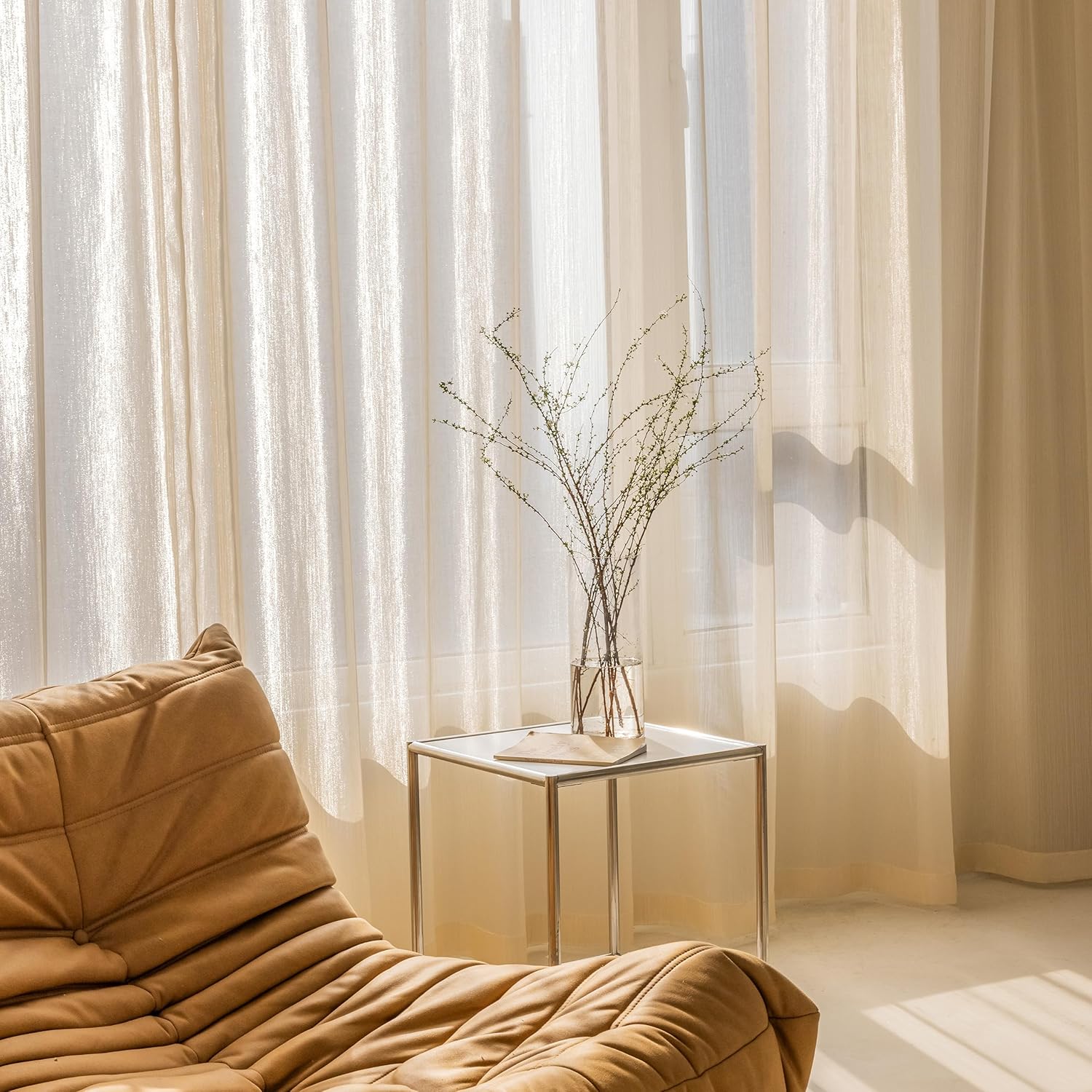 Tititex Lujosas cortinas traslúcidas color champán con textura, juego de 2 paneles de 84 pulgadas de largo, cortinas de ventana brillantes con