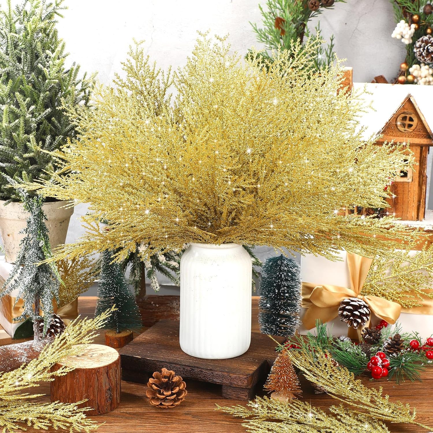 Sinmoe 80 agujas de pino artificial grandes de Navidad con purpurina, ramas de pino artificiales de 14 pulgadas, tallos de vegetación artificiales,