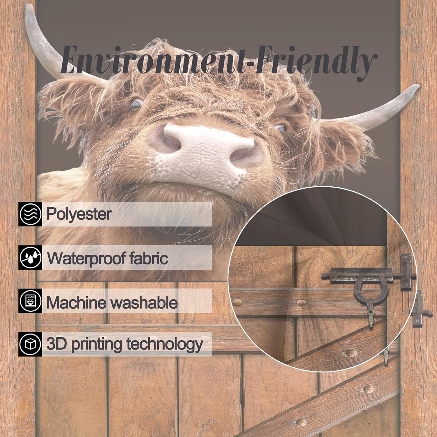 Riyidecor Stall – Cortina de ducha divertida de vaca de las tierras altas, 36 pulgadas de ancho x 72 pulgadas de alto, pequeñas cortinas rústicas