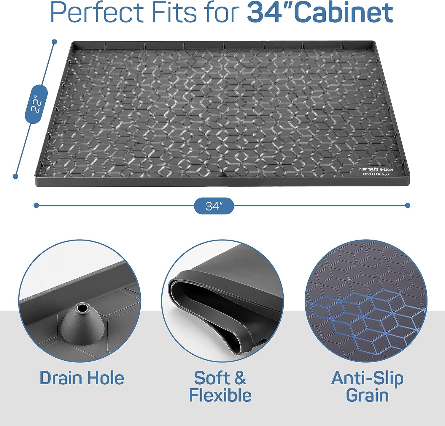 Tapete impermeable para debajo del fregadero, para armario de cocina y baño debajo del fregadero, 34 x 22 pulgadas, forro de silicona negra para