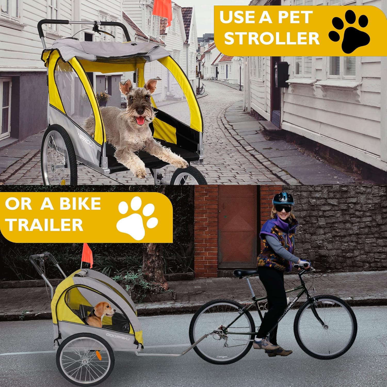 Carrito de remolque de bicicleta para perros, 2 en 1, para mascotas, para viajes, con reflectores, freno de estacionamiento, acoplador universal de