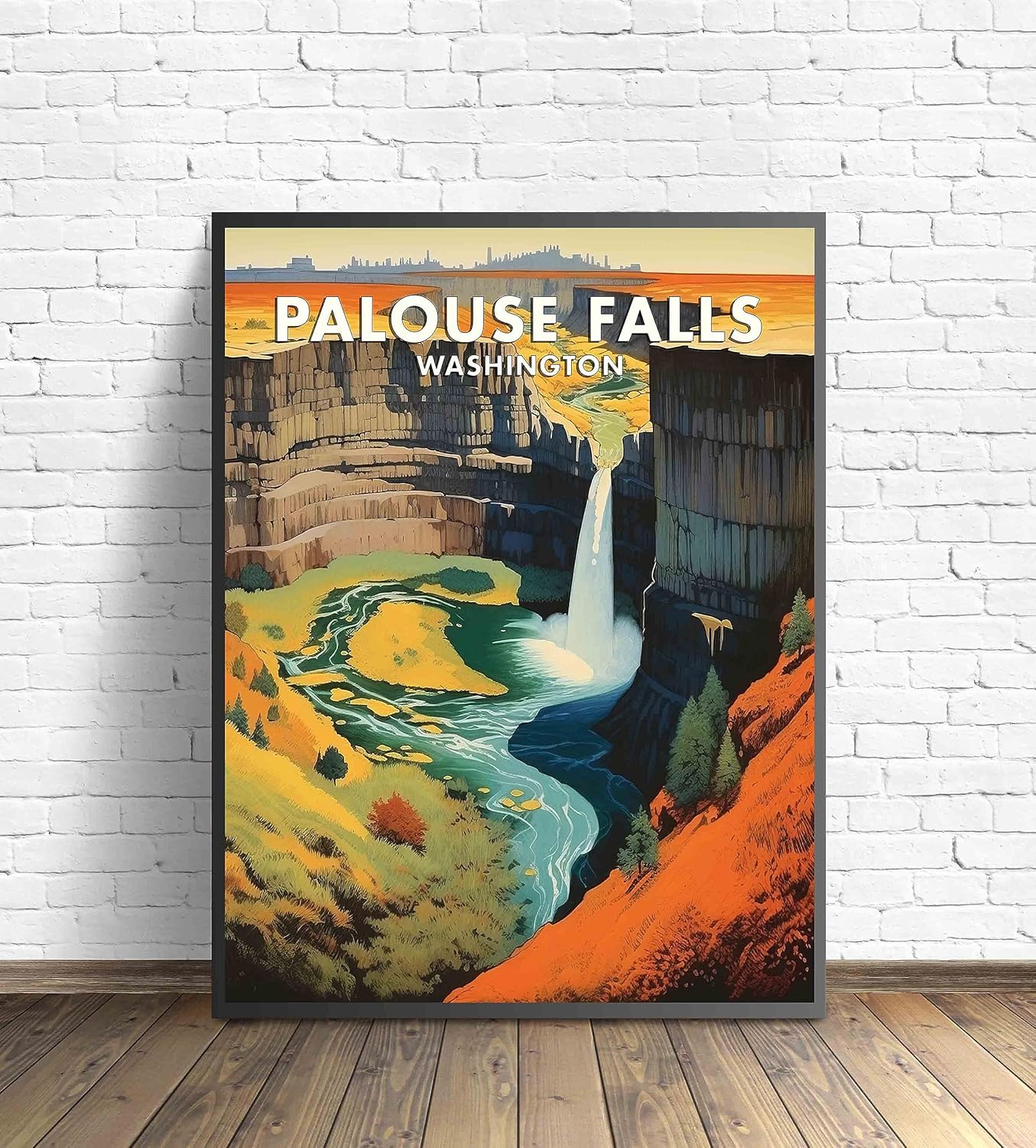 Póster artístico de Palouse Falls, Washington Waterfalls, paisaje retro de montaña y lago, decoración vintage, paisaje natural, imagen para