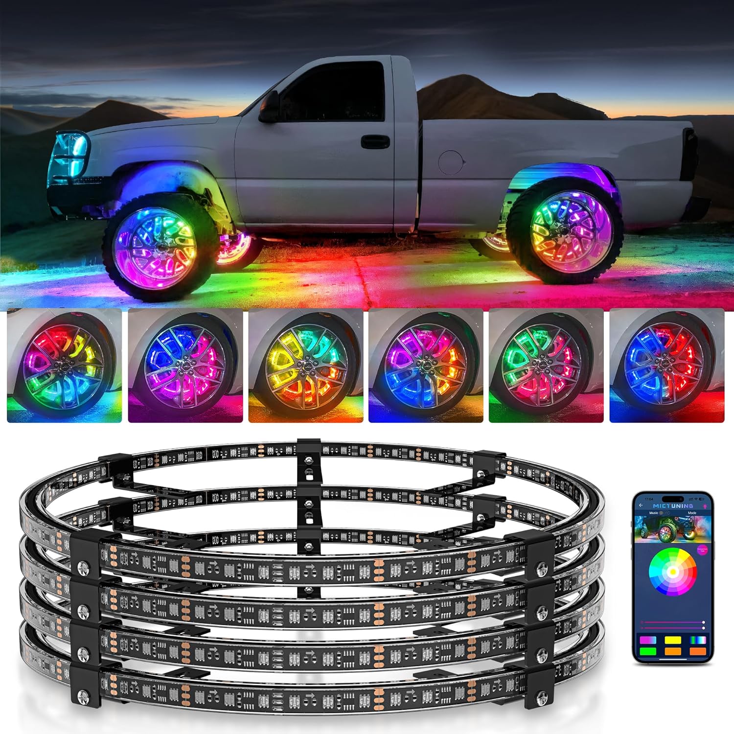 MICTUNING Kit de luces de anillo de rueda de color V1 RGB+IC de 15 pulgadas con control de aplicación, luces de neón de doble fila de luces de