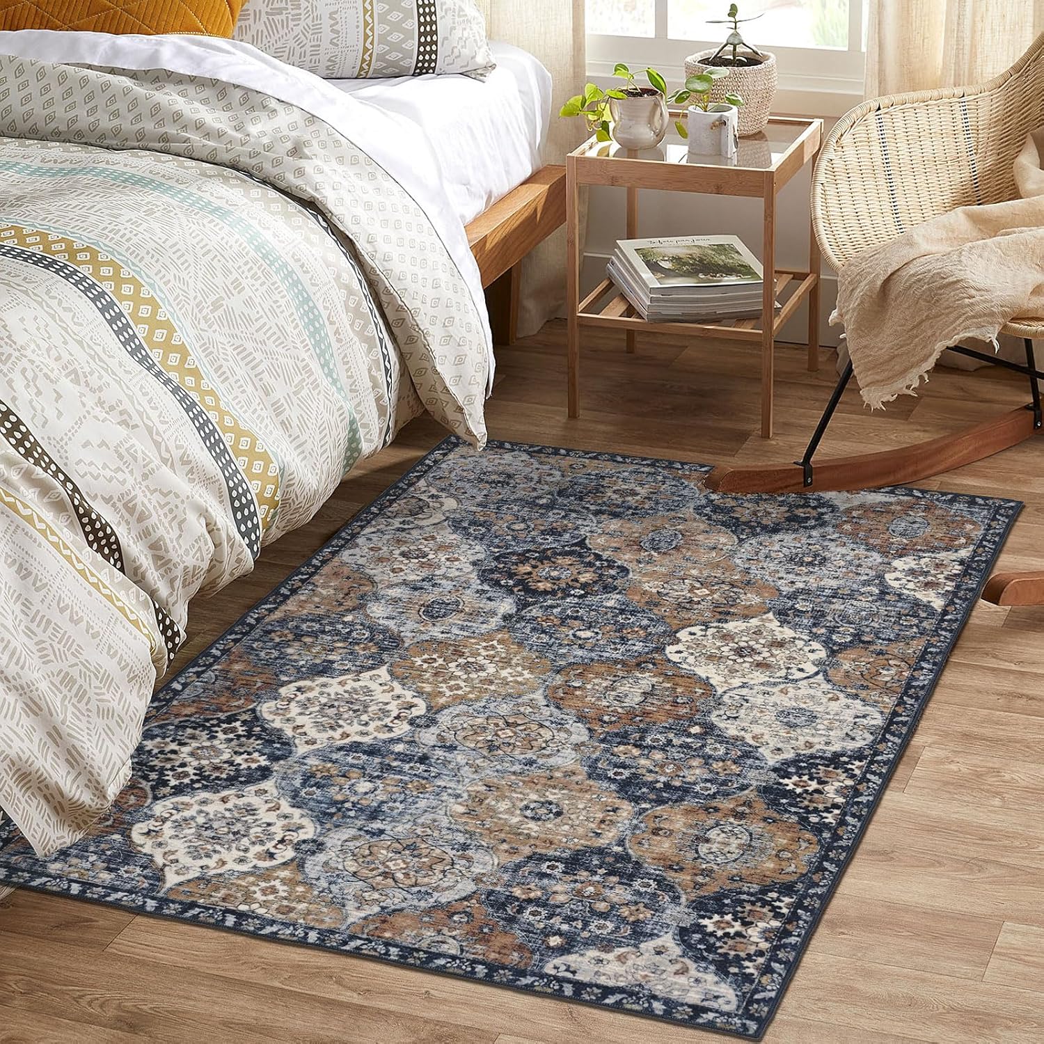 Othilic Alfombra lavable de 3 x 5, antideslizante, de pelo bajo, estilo bohemio, marroquí, enrejado, para sala de estar, alfombra oriental suave y