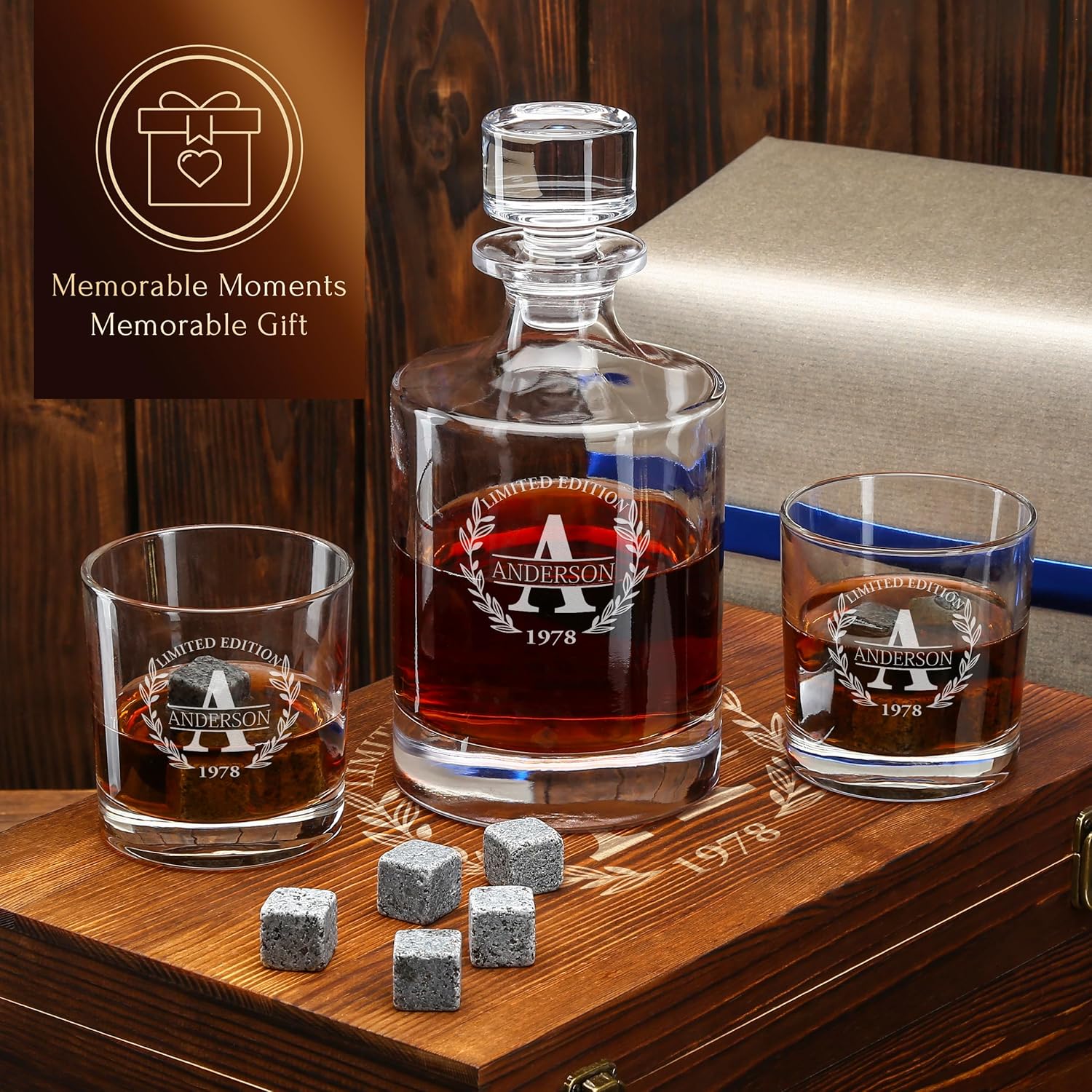 Juego de decantador de whisky personalizado y piedras, regalo personalizado para él, hombres, papá, padre, decantador clásico redondo grabado,