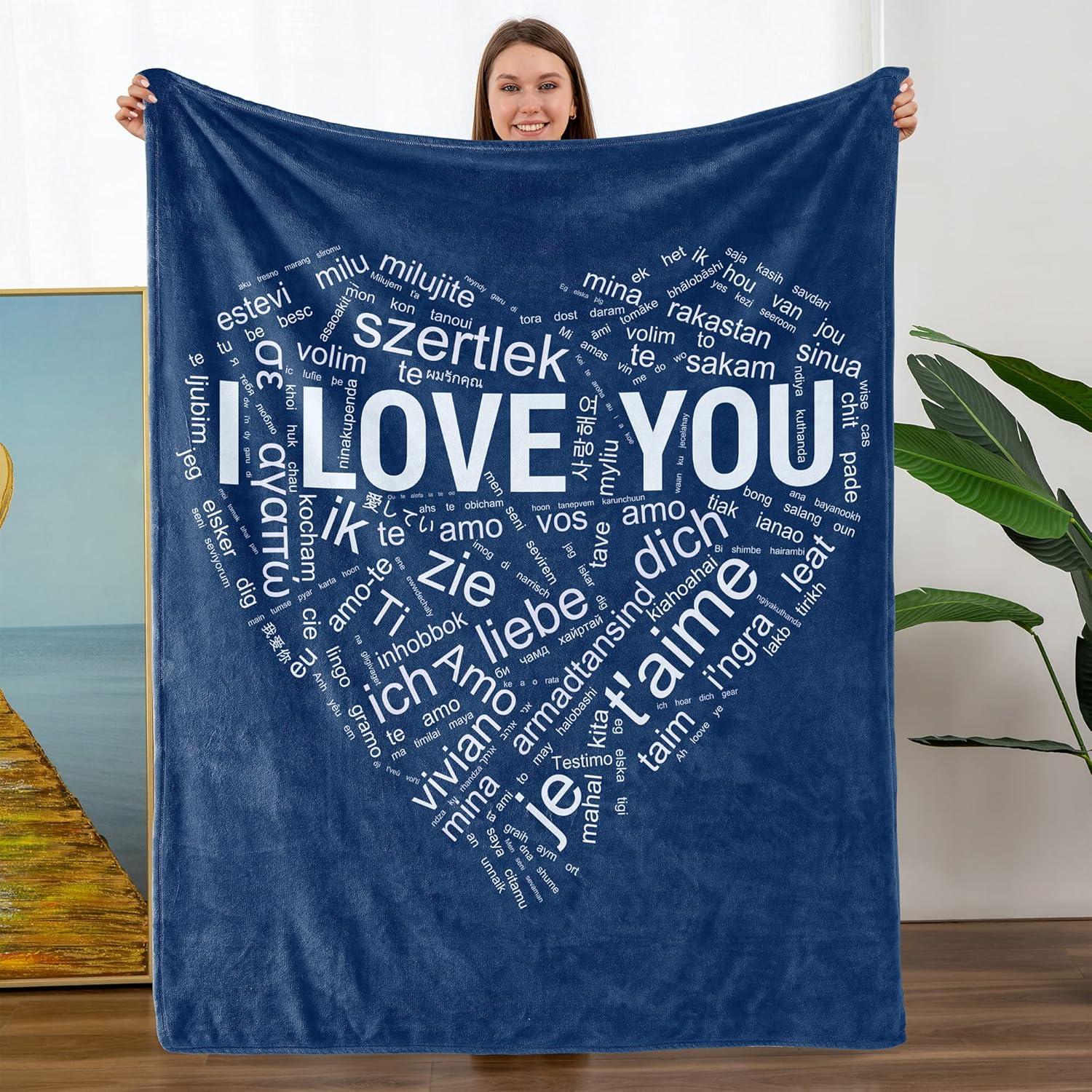 TURMTF Manta con texto en inglés “I Love You” en 100 idiomas, manta para sofá cama, el mejor regalo para ella y él, Navidad, aniversario,