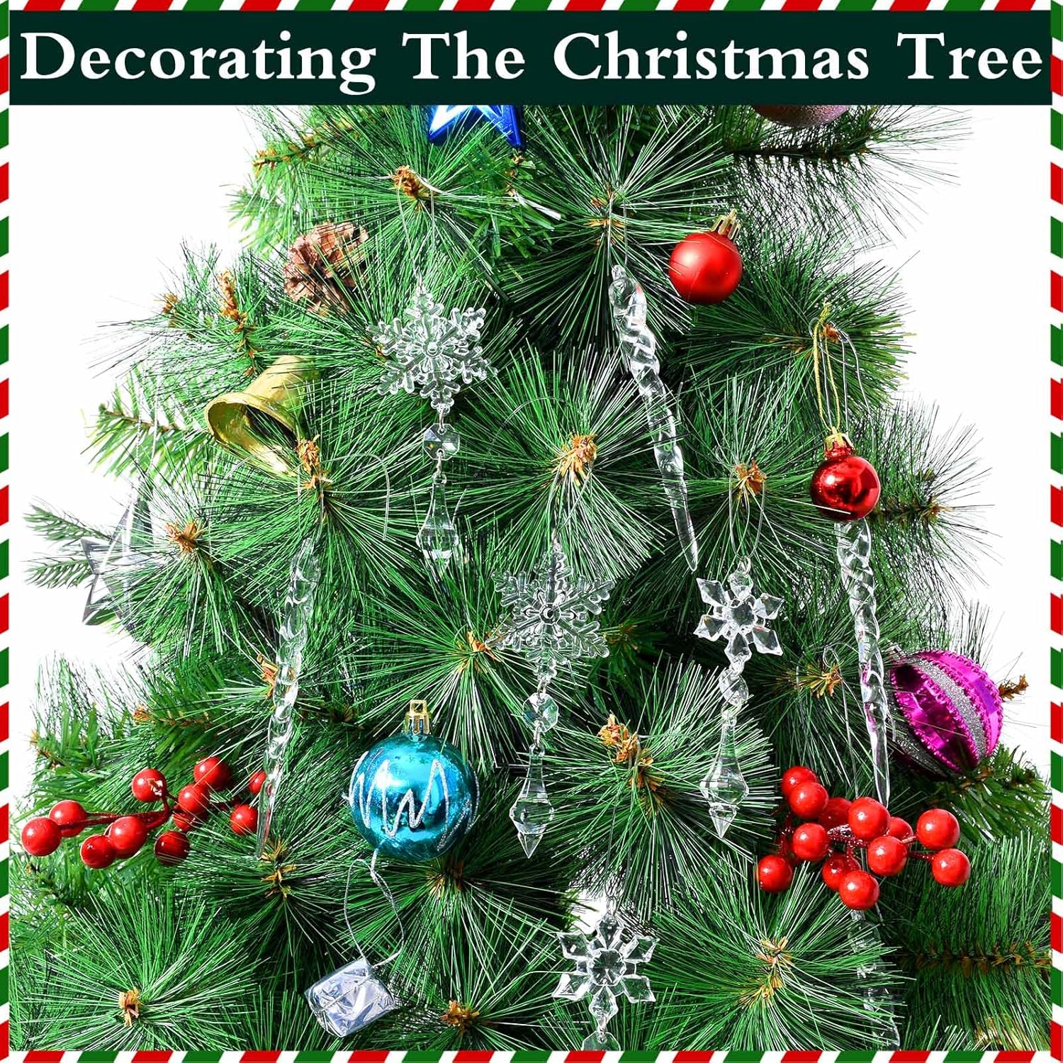 28 adornos de cristal para decoración de árbol de Navidad, juego de adornos colgantes de copo de nieve de Navidad, carámbano acrílico con línea de
