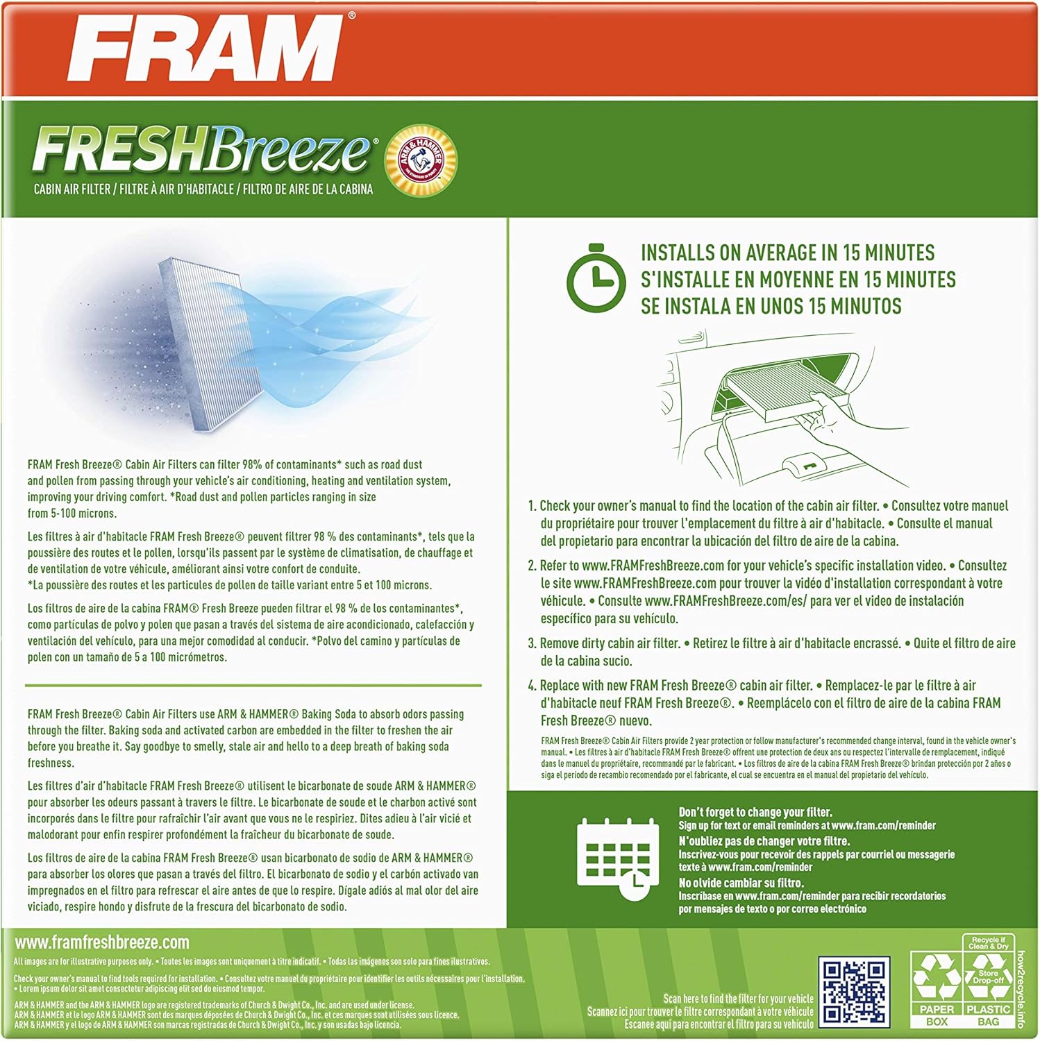 Fram Fresh Breeze – Filtro de aire de cabina con bicarbonato de sodio Arm & Hammer, CF10719 para vehículos Dodge y Hyundai seleccionados, color