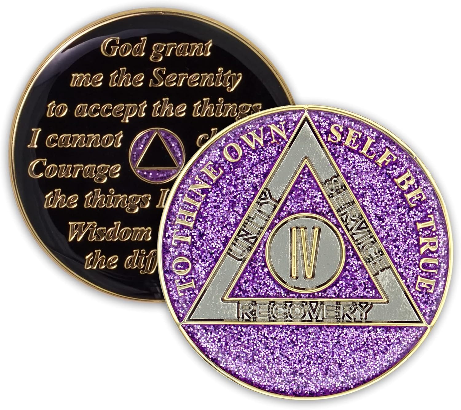 Moneda de sobriedad de 4 años  Ficha de aniversario de recuperación de chip AA con purpurina (morado)