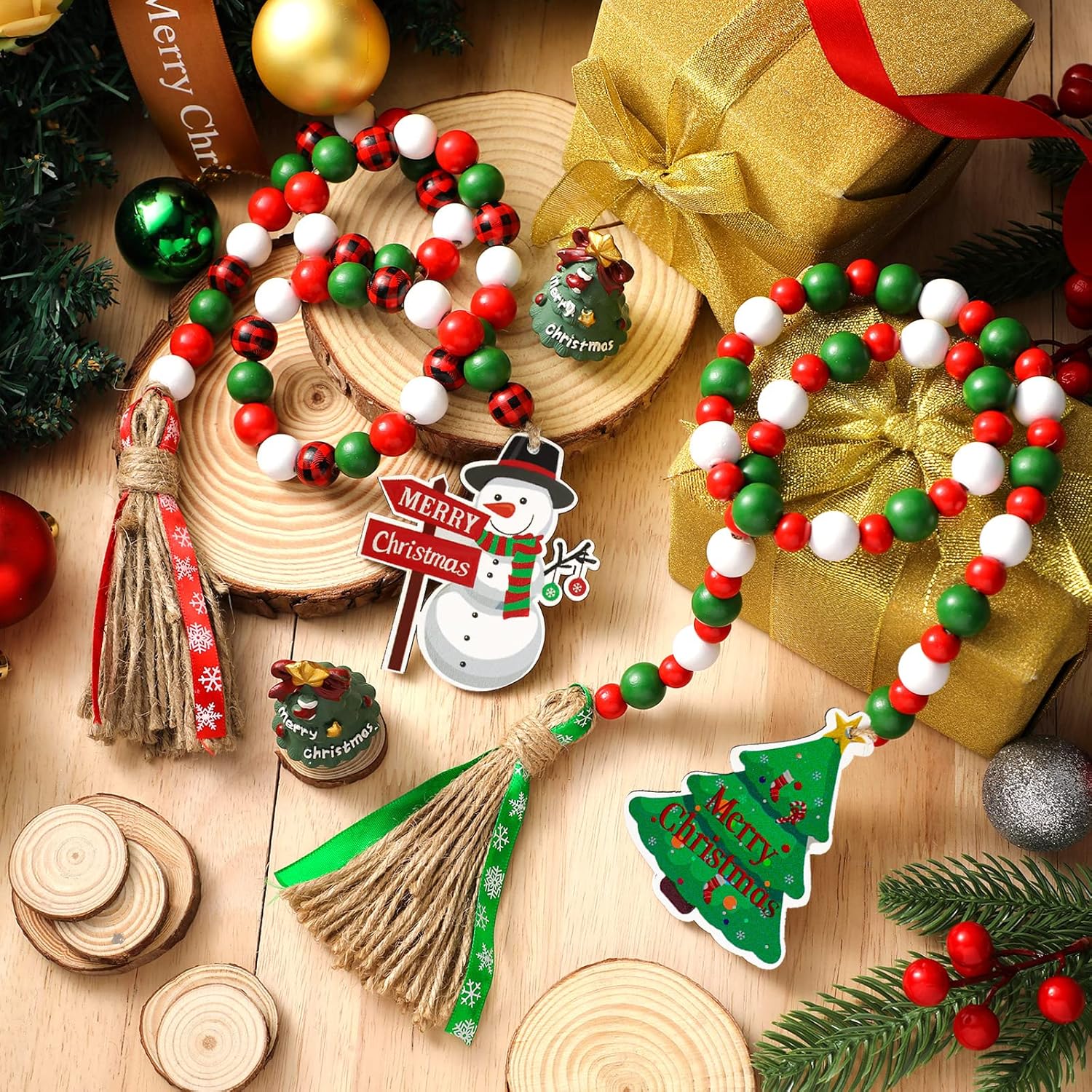 Guirnalda de cuentas de madera de Navidad con borlas, decorada con adorno para árbol de Navidad, 2 piezas de guirnalda de cuentas de madera, adornos