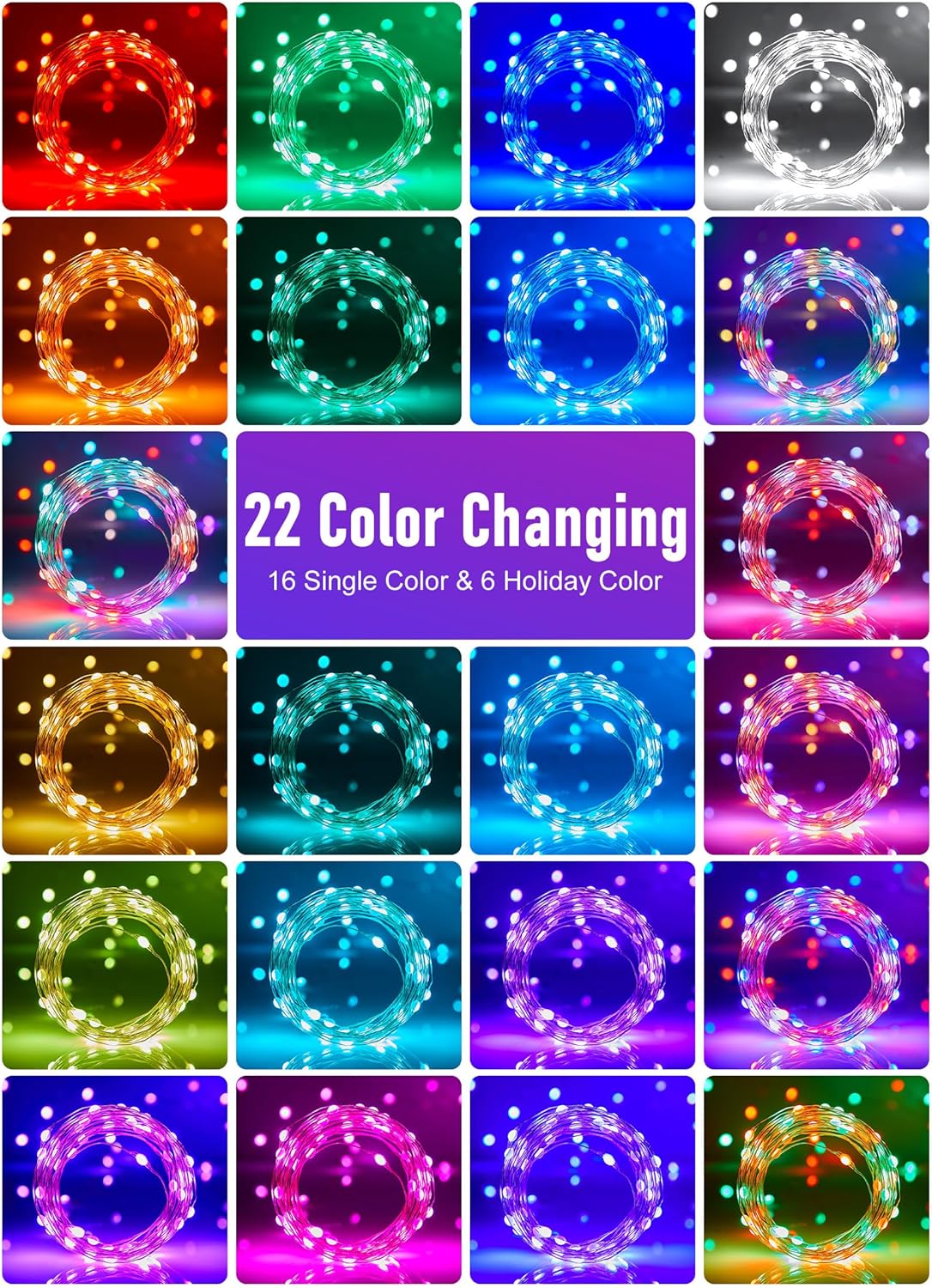 Guirnalda de luces que cambian de color  Cadena de 200 luces LED de 66 pies con control remoto, 22 colores que cambian de luces parpadeantes con 12