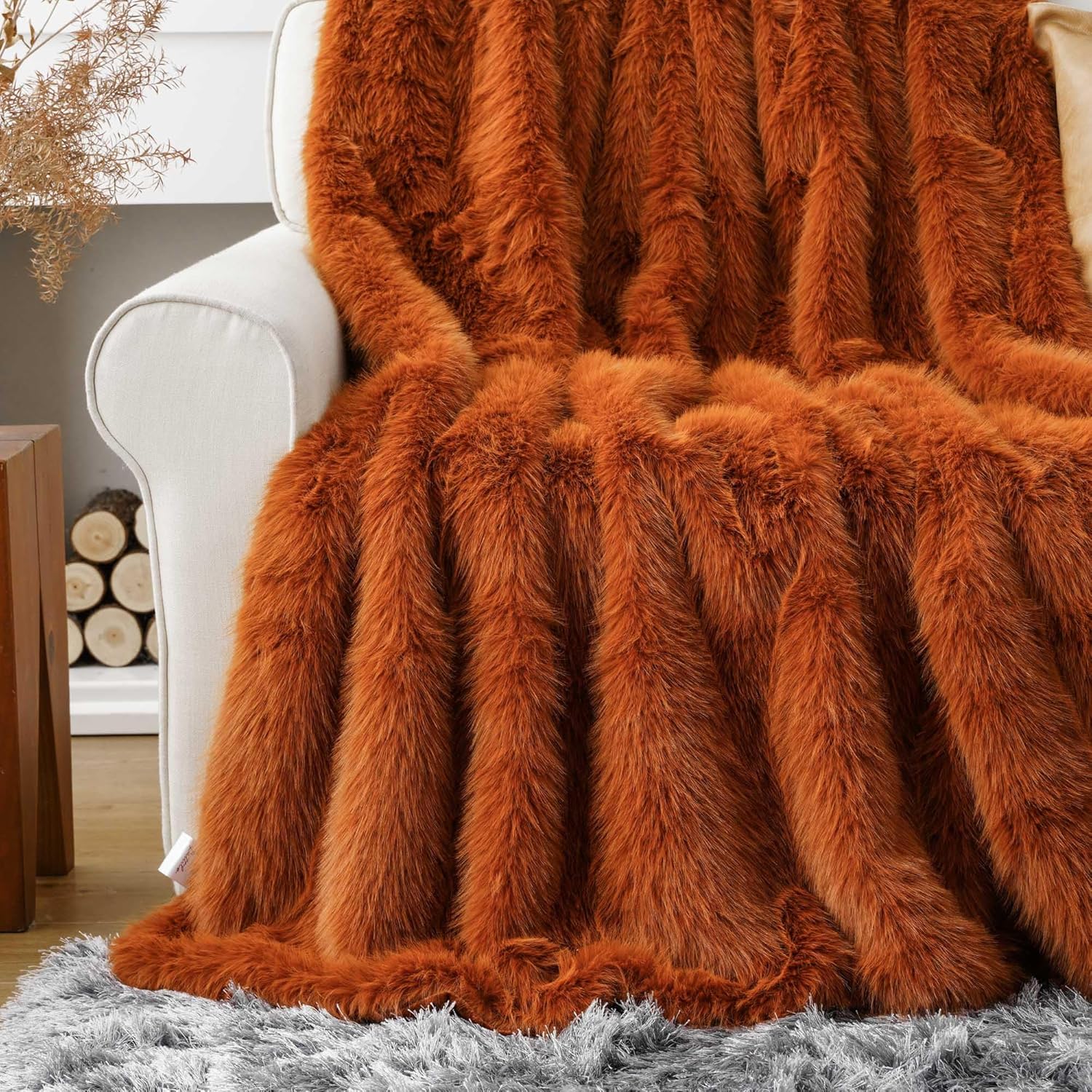 BATTILO HOME Manta de lujo de piel sintética de otoño, manta de piel naranja óxido para sofá, silla, cama, felpa suave, cálida y acogedora manta de